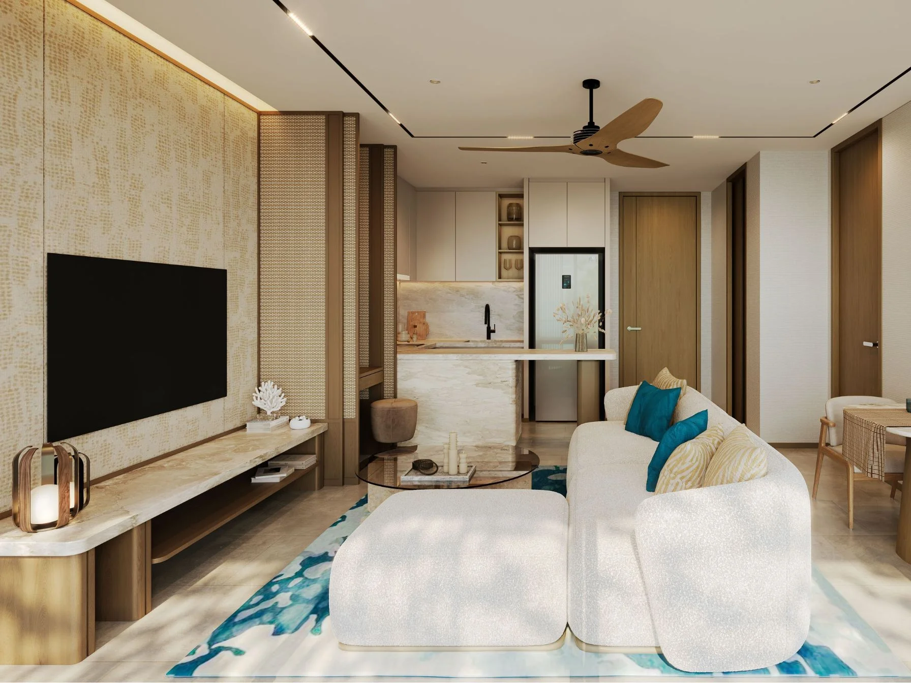 Living room and kitchen interior in 1-bedroom apartment at Laguna Lake Residences Aster, Bang Tao