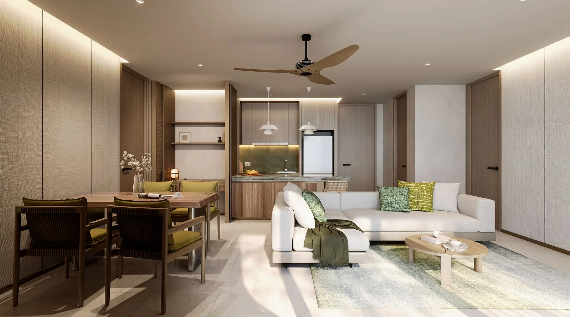 Soggiorno e sala da pranzo di un appartamento con 2 camere da letto presso Laguna Lake Residences Aster, Bang Tao, Thailandia