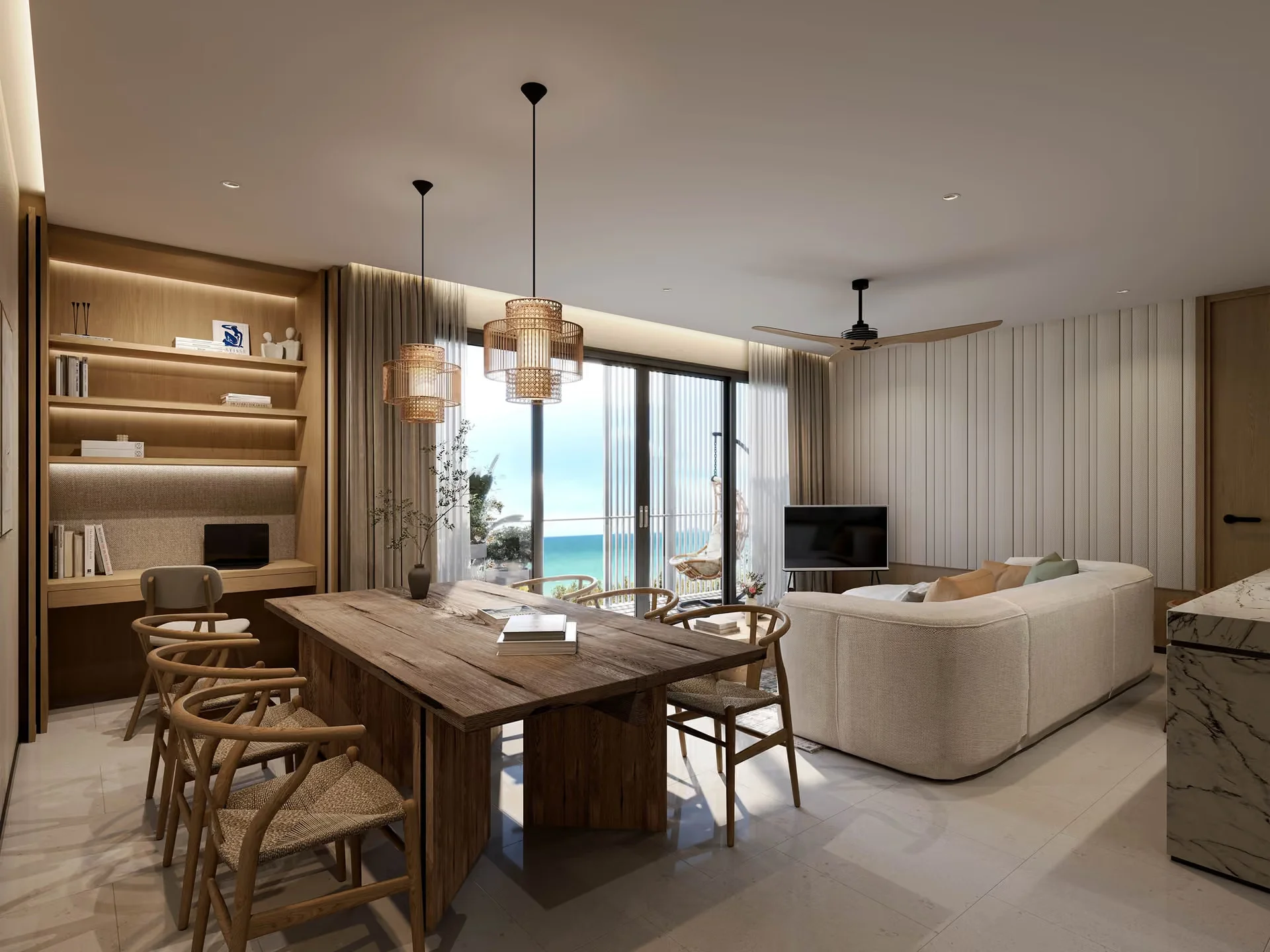 Wohn- und Essbereich in einer 3-Schlafzimmer-Wohnung in den Laguna Lake Residences Aster, Bang Tao, Thailand