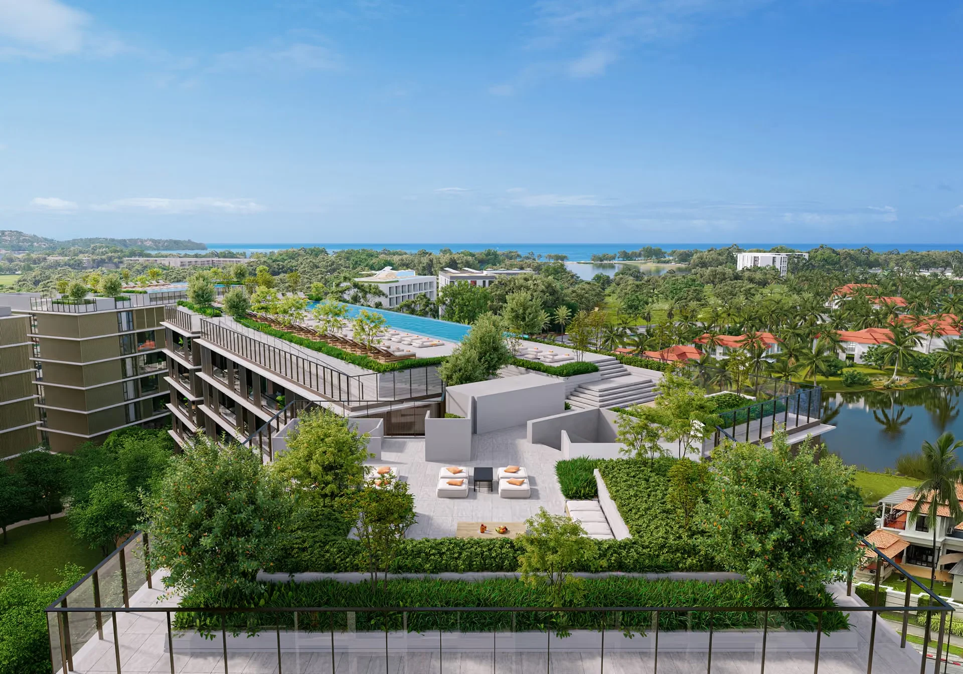 Aerial view of Laguna Lake Residences Aster complex with swimming pool, landscaped grounds and sea view, Thailand (1)