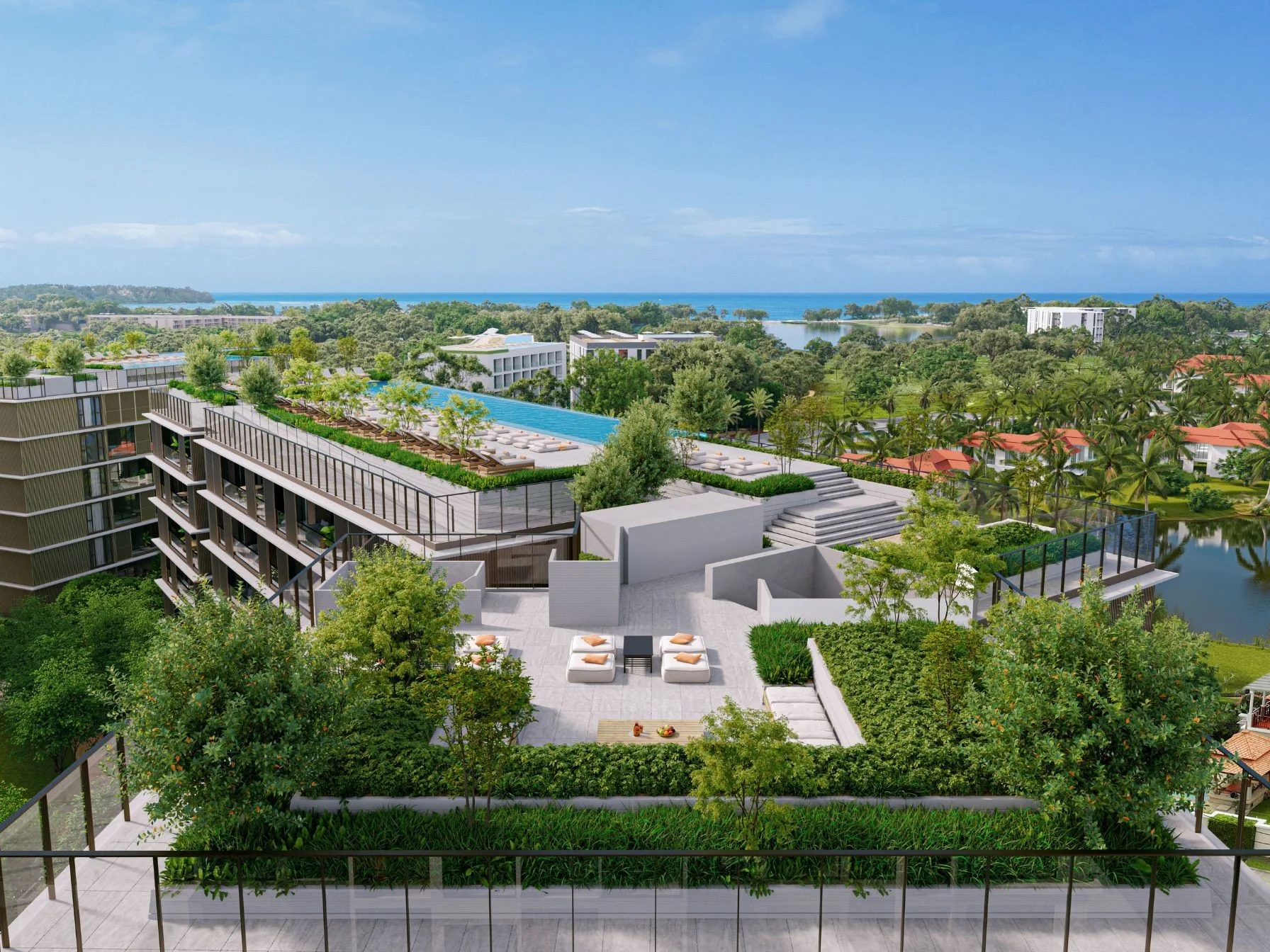 Aerial view of Laguna Lake Residences Aster complex with swimming pool, landscaping and sea view, Bang Tao