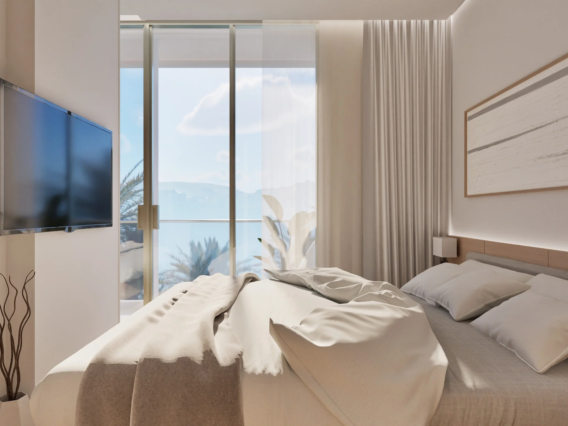 Bedroom interior with sea view from balcony in 1-bedroom apartment at Millennium, Bang Tao