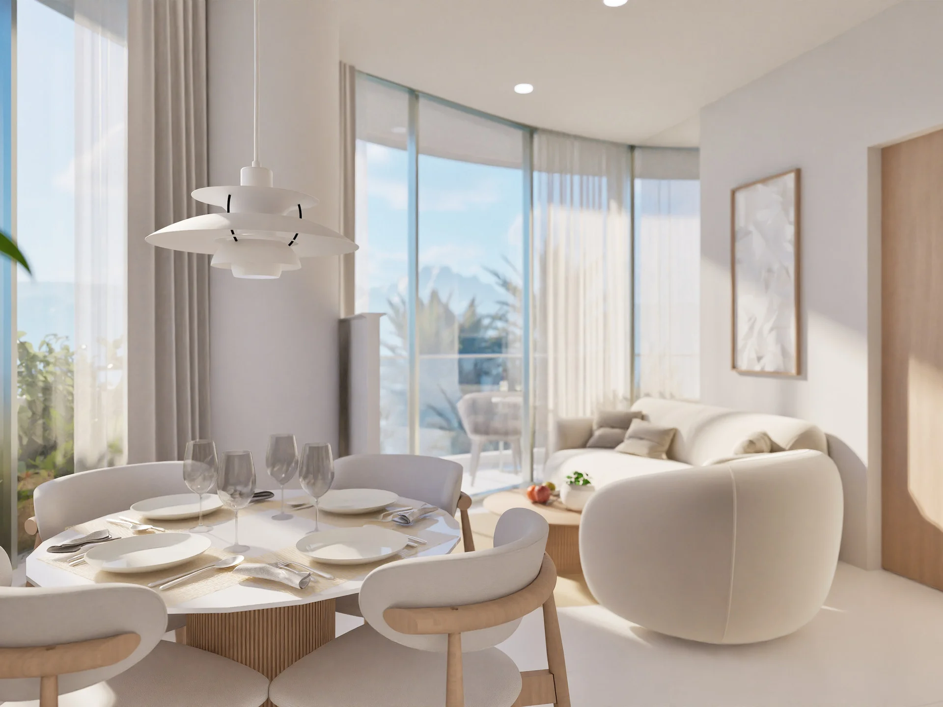 Open-plan living and dining area with sea view in 1-bedroom apartment at Millennium, Bang Tao