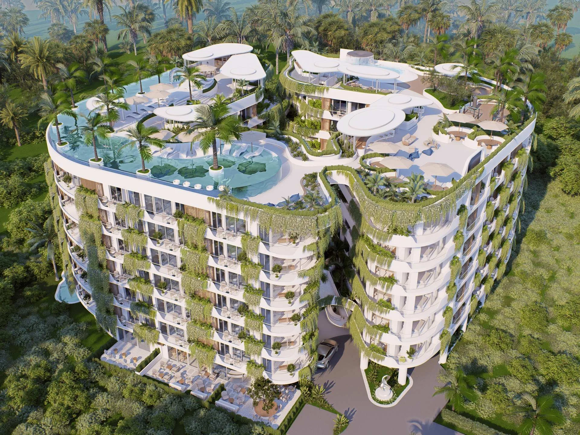 Aerial view of Millennium residential complex with rooftop pool and landscaped terraces, Bang Tao