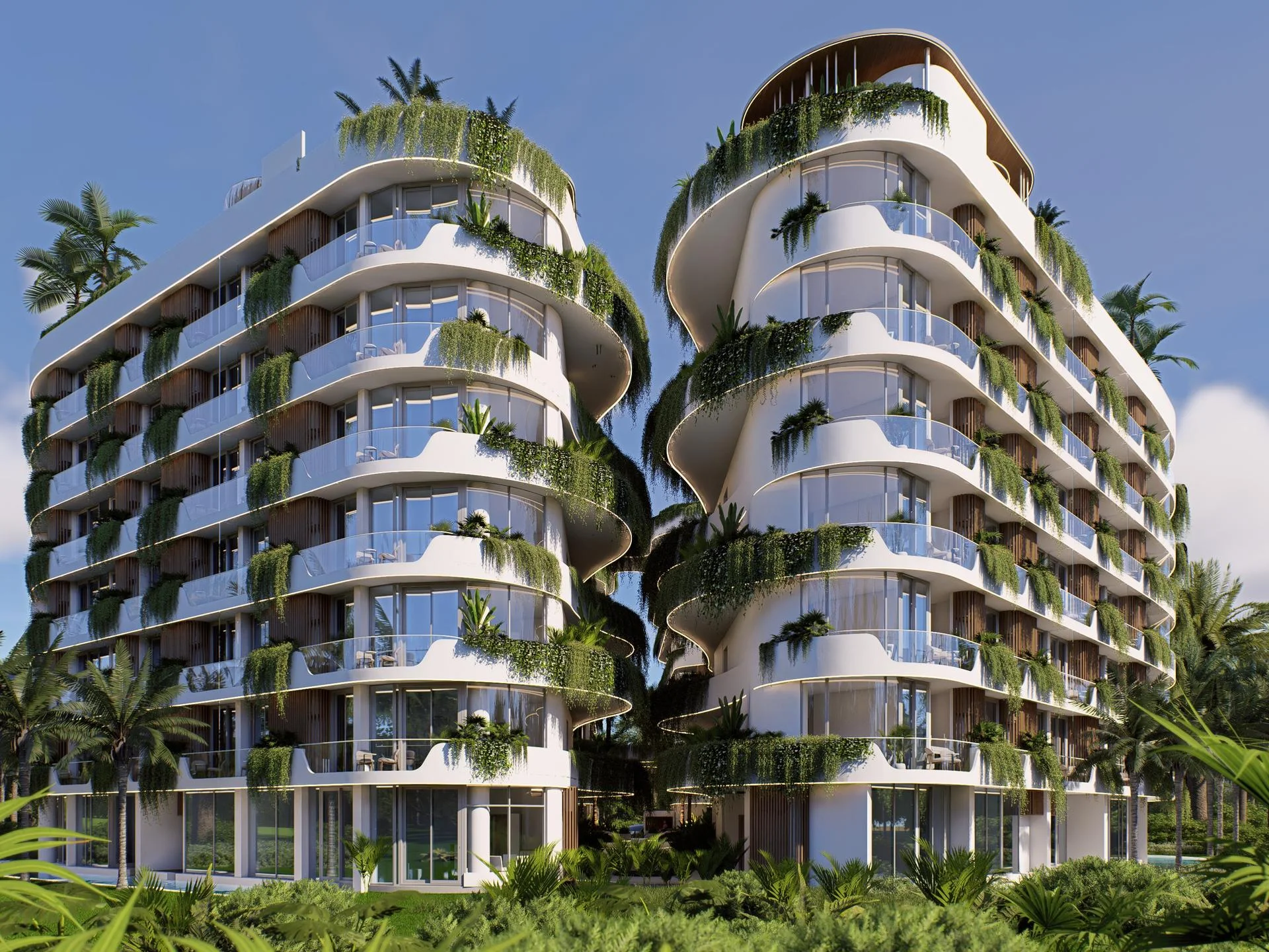 Modern residential architecture with curved balconies and vertical greenery at Millennium, Thailand