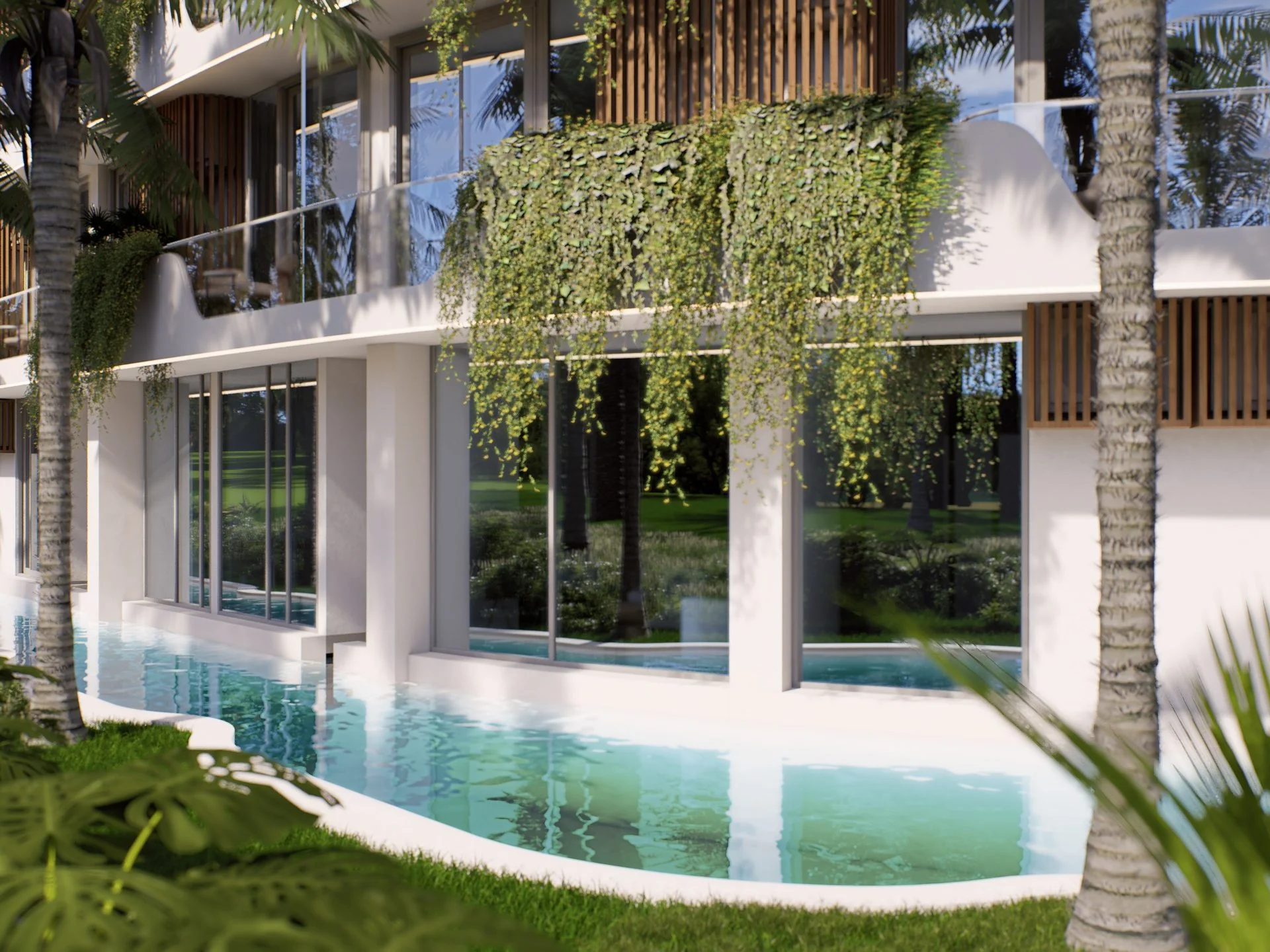 Landscaped courtyard with swimming pool at Millennium apartments, Bang Tao