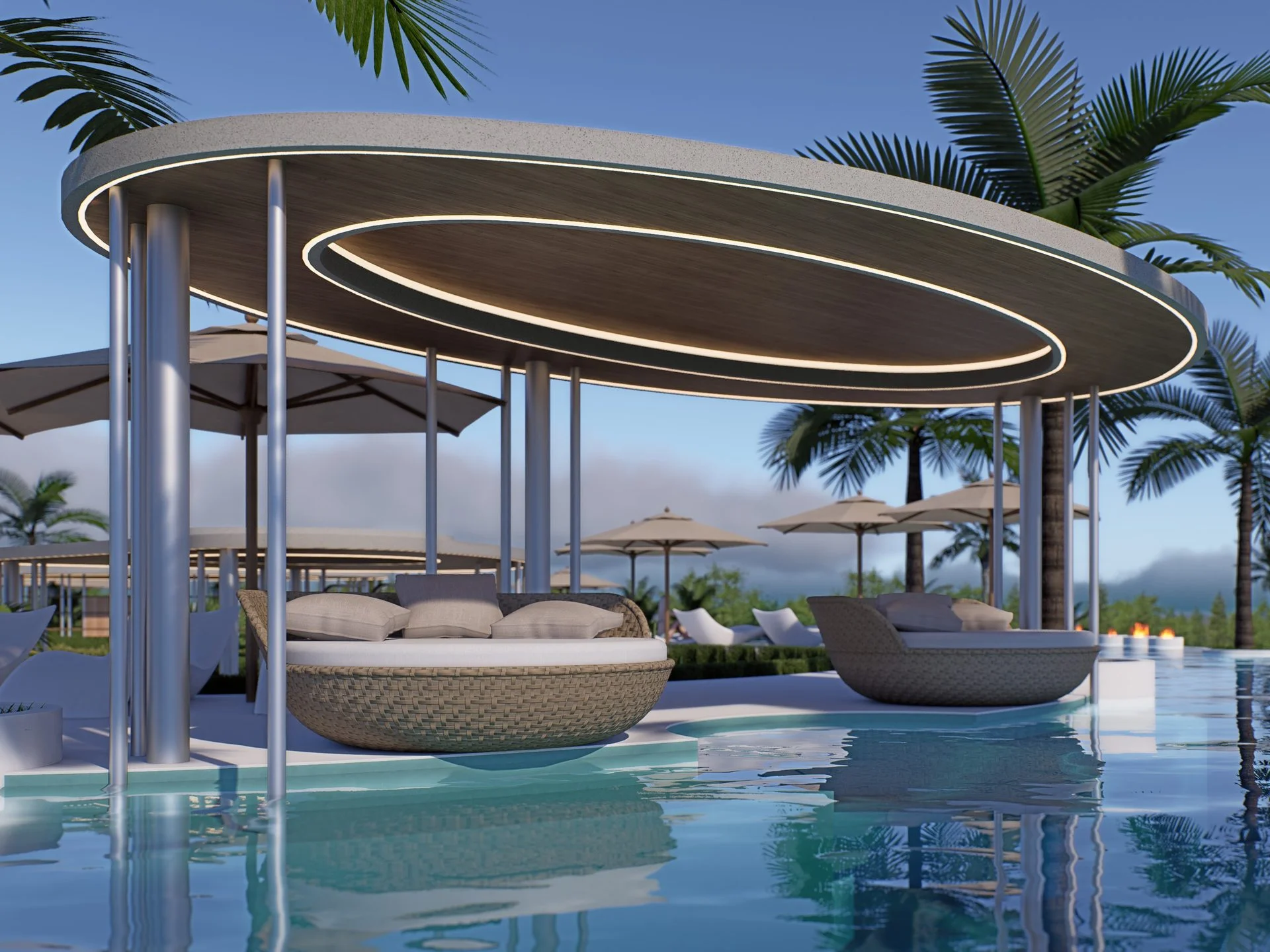 Poolside lounge area with modern canopy at Millennium, Bang Tao