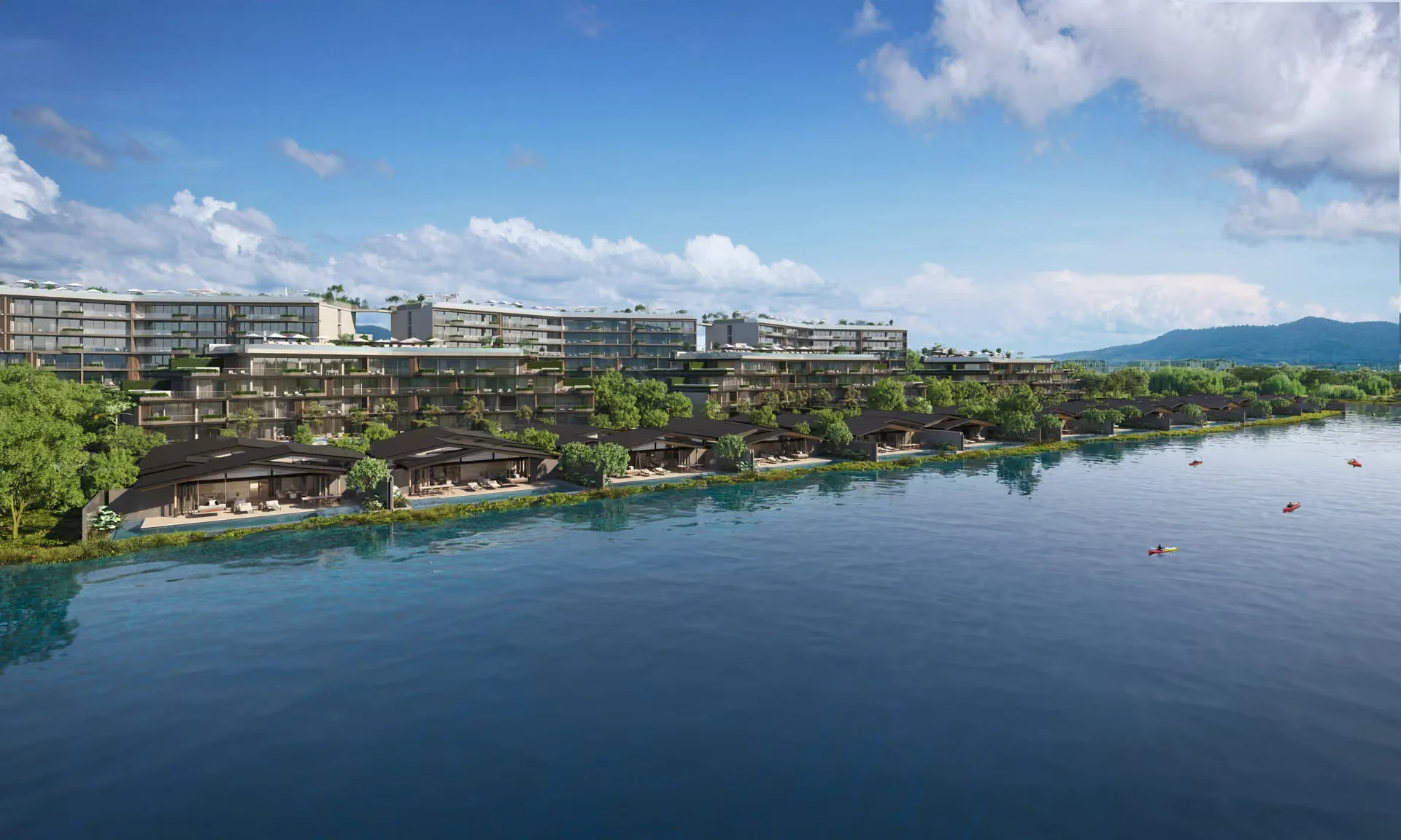 Architecture of Laguna Lakelands Waterside Residences viewed from the lake with waterside pavilions, Laguna, Thailand