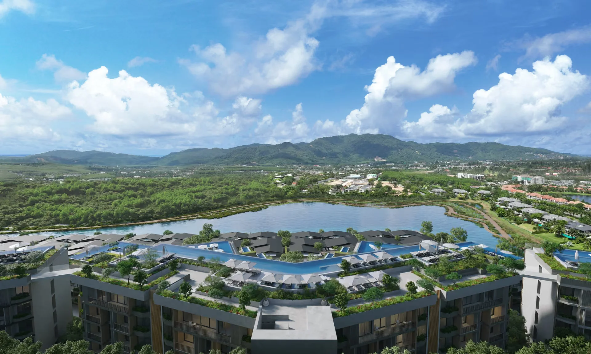 Aerial view of Laguna Lakelands Waterside Residences with lagoon and infinity pools, Laguna, Thailand