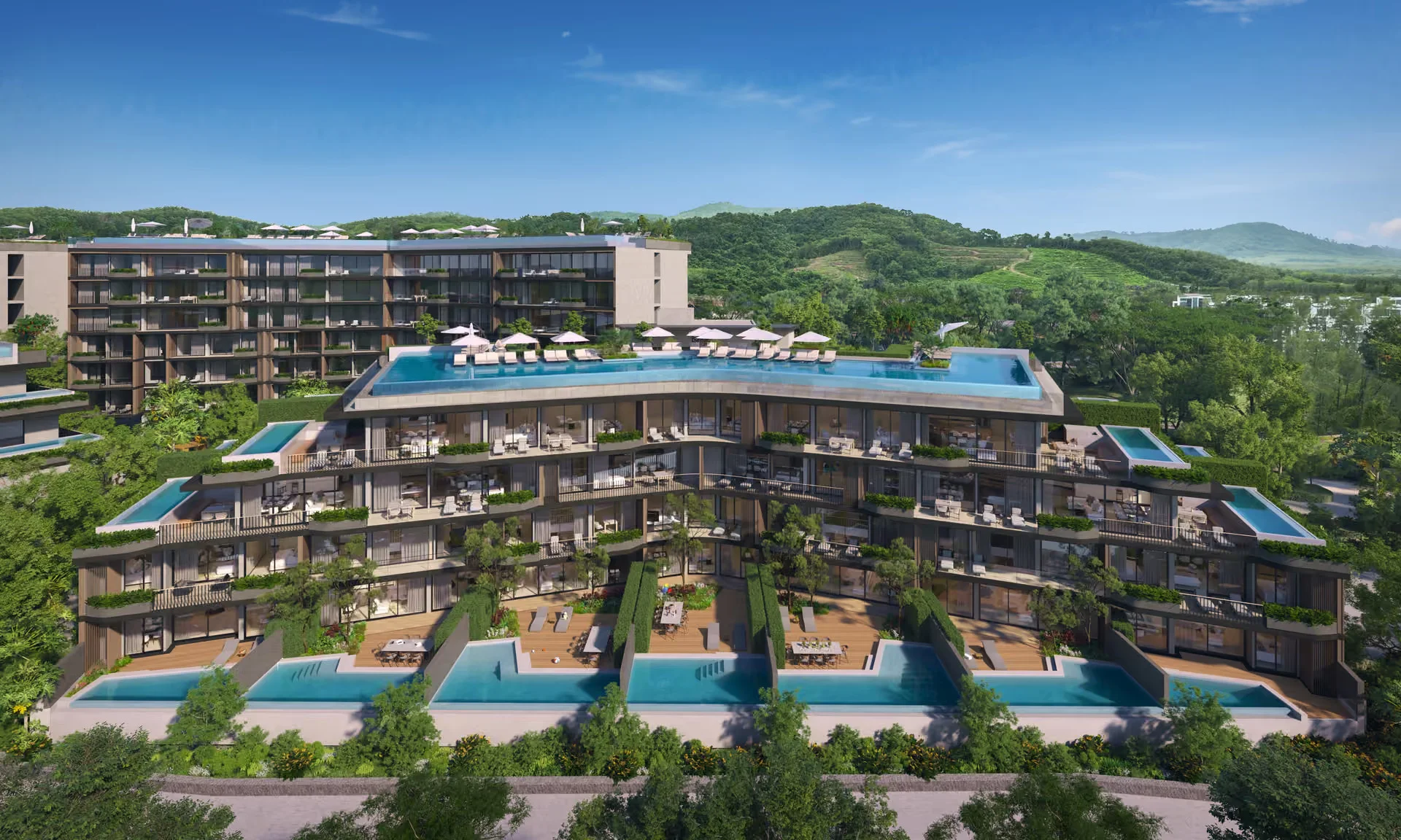 Architecture of Laguna Lakelands Waterside Residences with terrace pools and rooftop pool, Laguna, Thailand