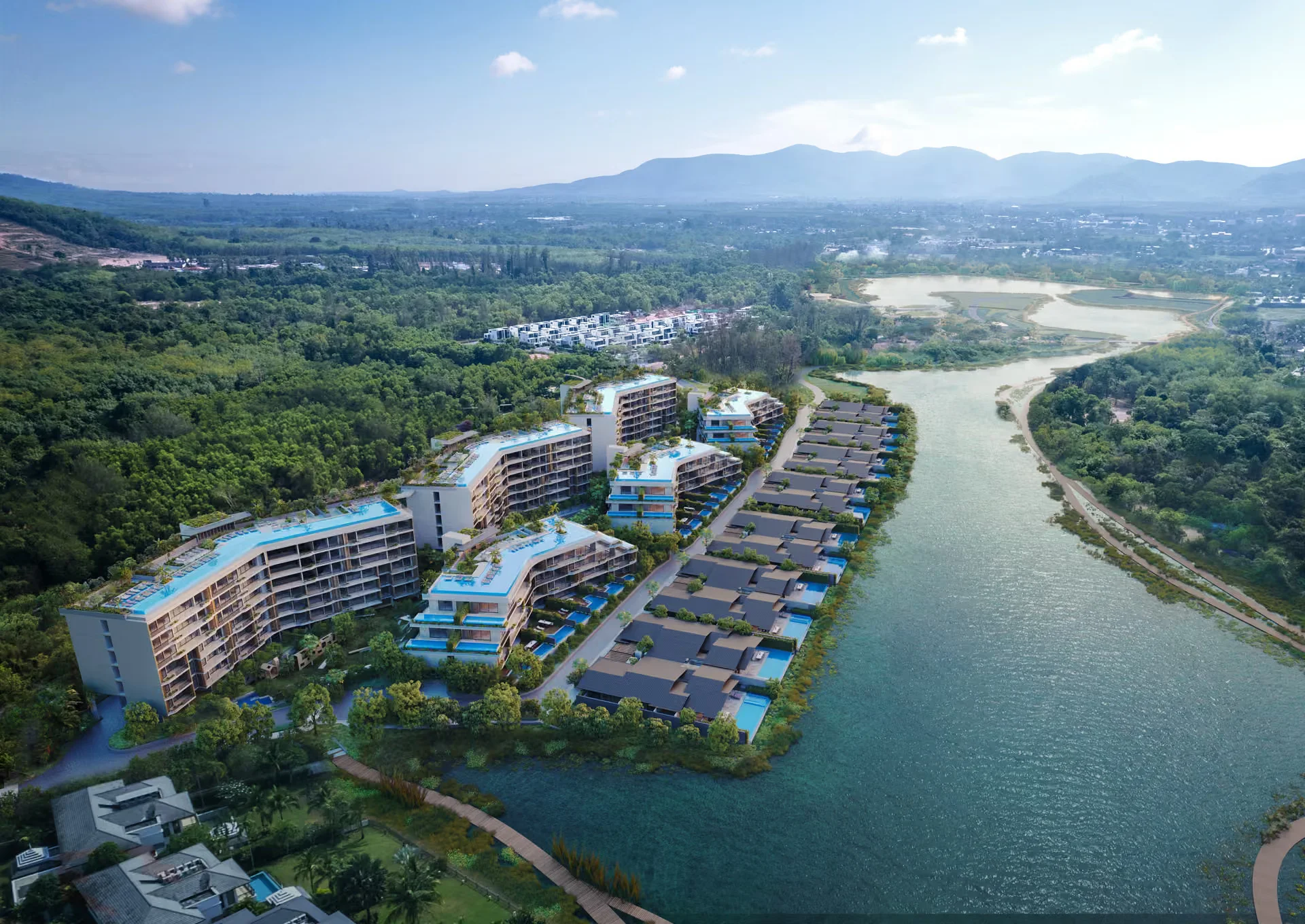 Aerial view of Laguna Lakelands Waterside Residences, Laguna, Thailand, with lakeside villas and pools