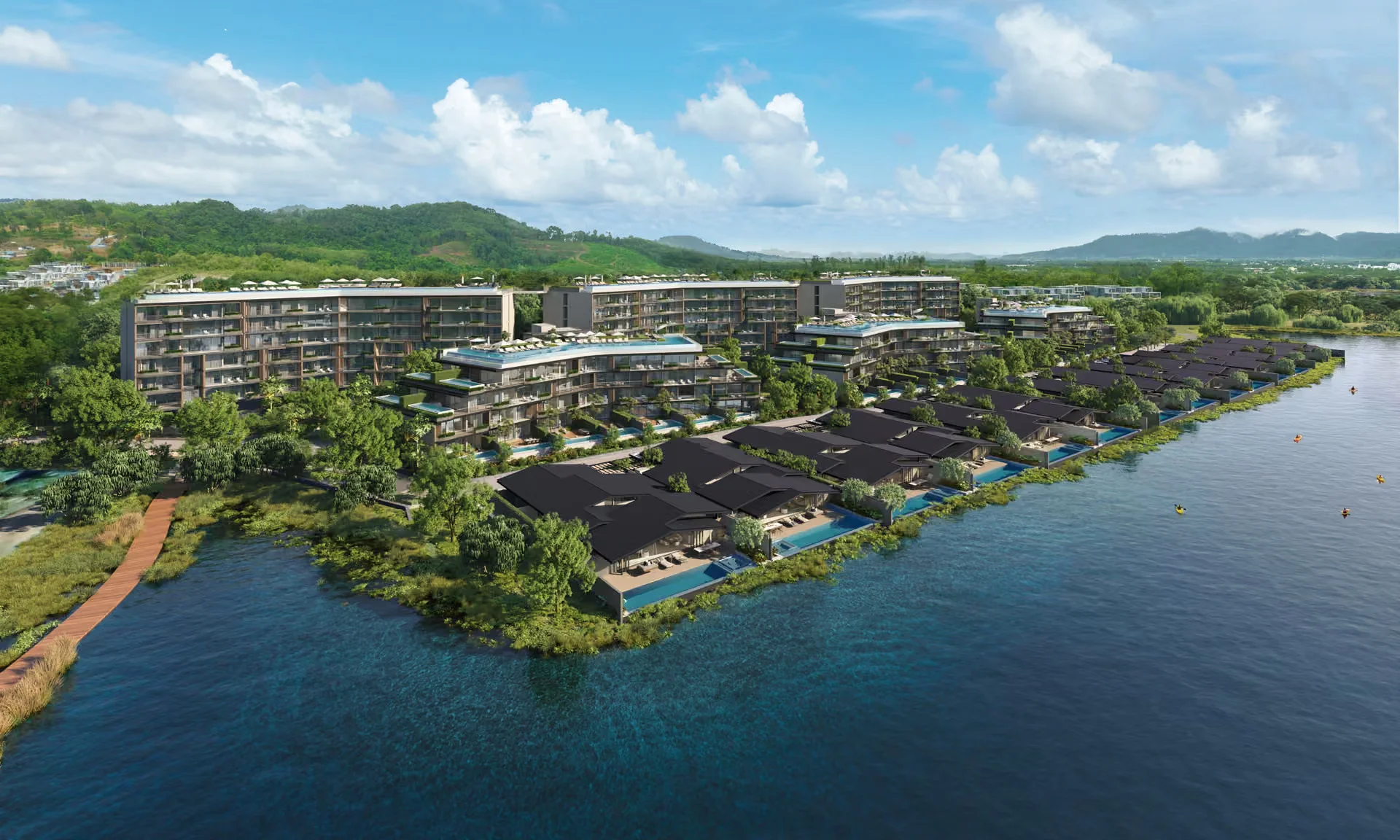 Aerial architecture view of Laguna Lakelands Waterside Residences, Laguna, Thailand, with lakeside villas and multi-storey...