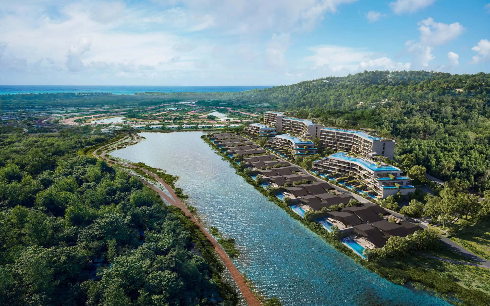 Aerial view of Laguna Lakelands Waterside Residences along the lagoon, Laguna, Thailand