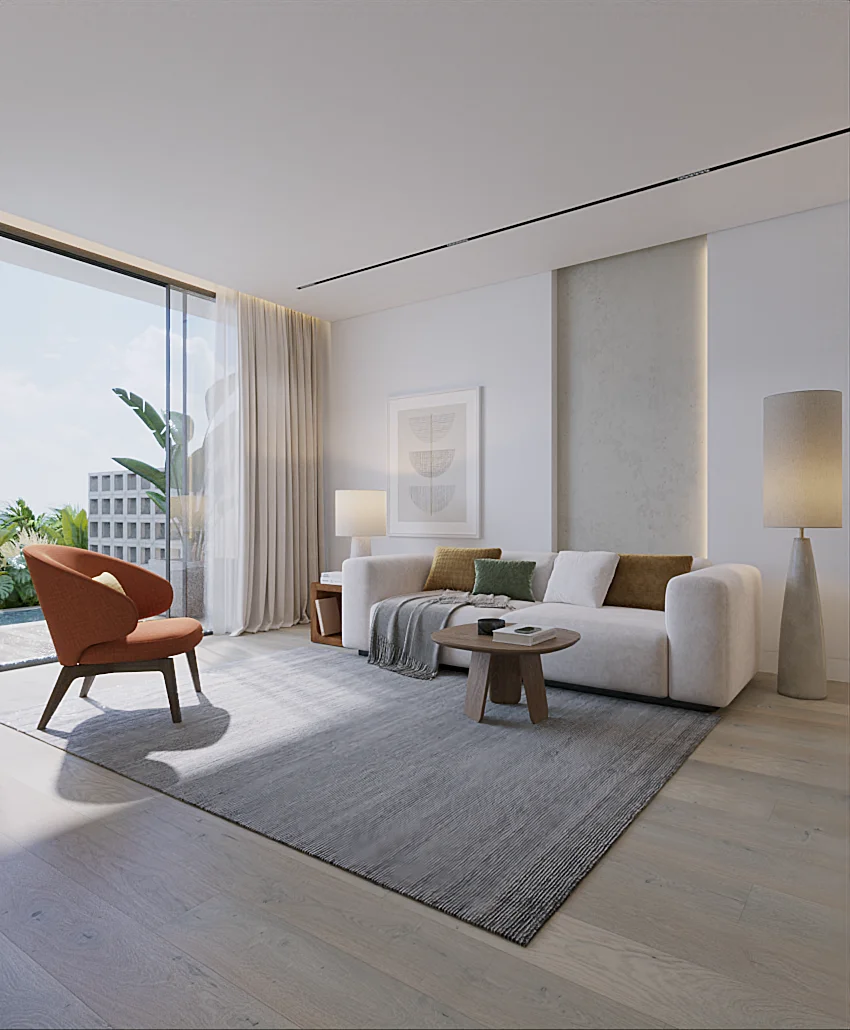 Wohnzimmer einer 1-Zimmer-Wohnung in Layan Green Park Phase 2, Layan, Thailand