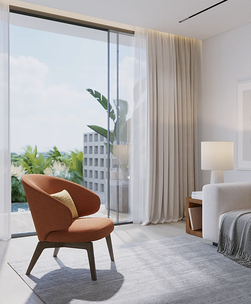Wohnzimmer mit orangefarbenem Sessel in einer 1-Schlafzimmer-Wohnung im Layan Green Park Phase 2, Layan, Thailand