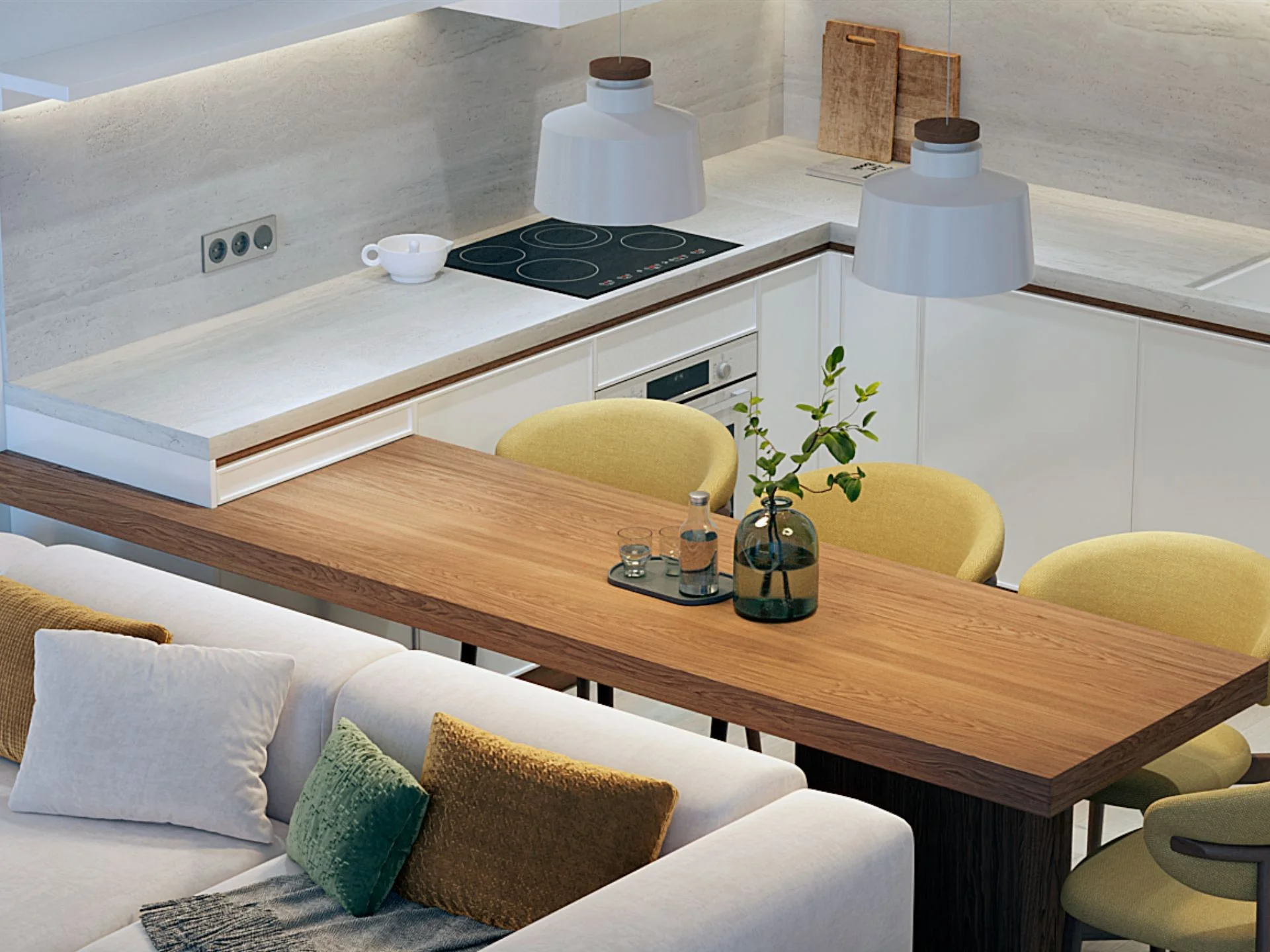 Kitchen and dining area with wooden bar counter in a 2-bedroom apartment at Layan Green Park Phase 2, Layan, Thailand