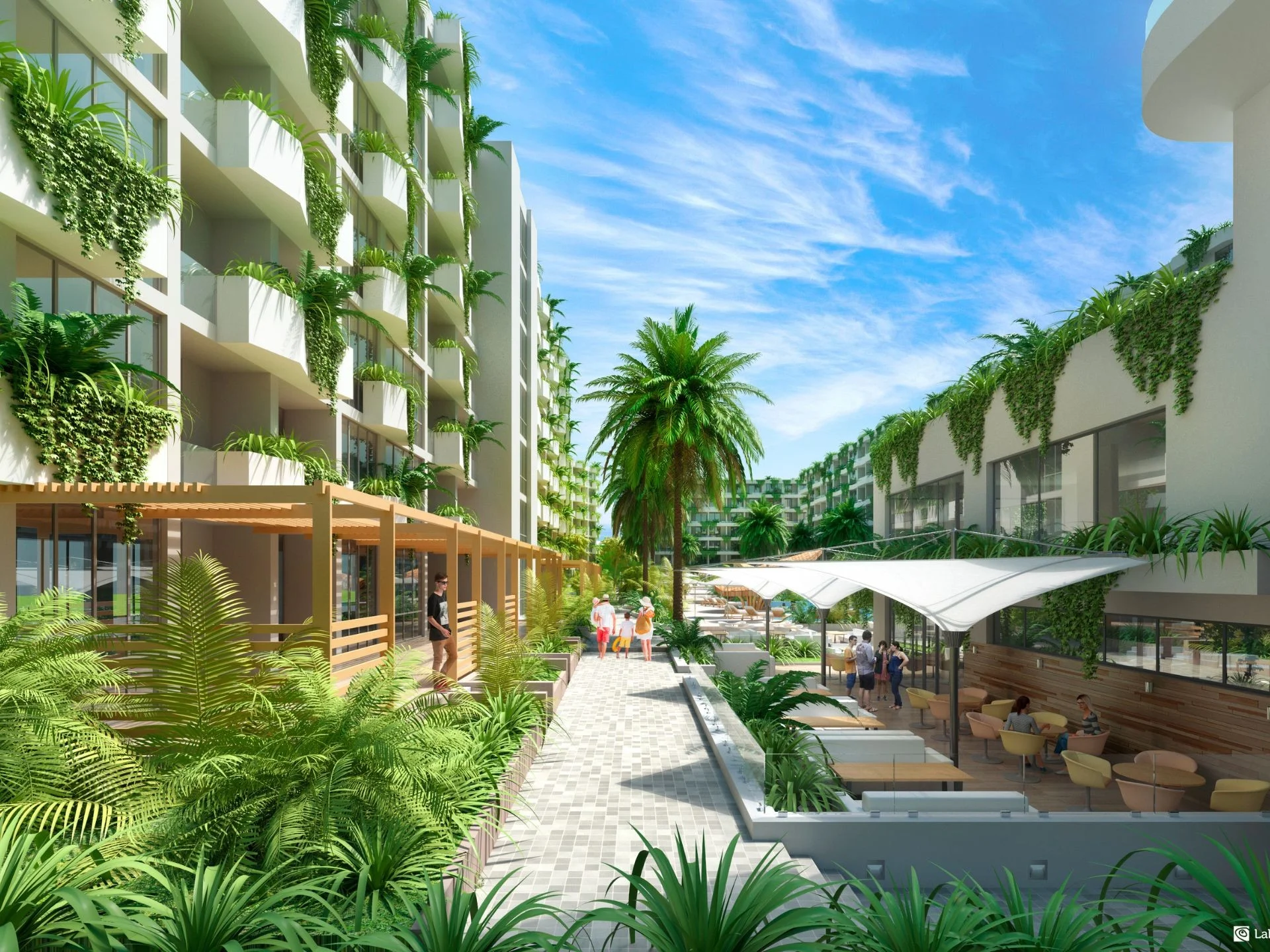 Landschaftlich gestalteter Innenhof-Weg mit Palmen und Café-Markise im Layan Green Park Phase 2, Layan, Thailand