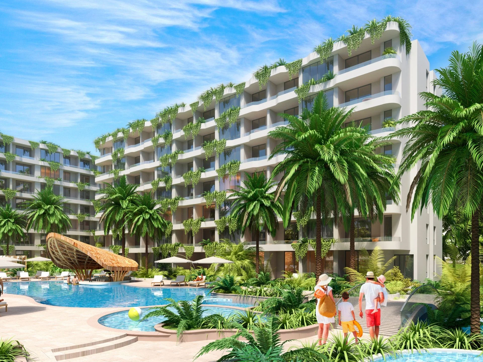 Swimming pool area with lounge zone and palm trees at Layan Green Park Phase 2, Layan, Thailand