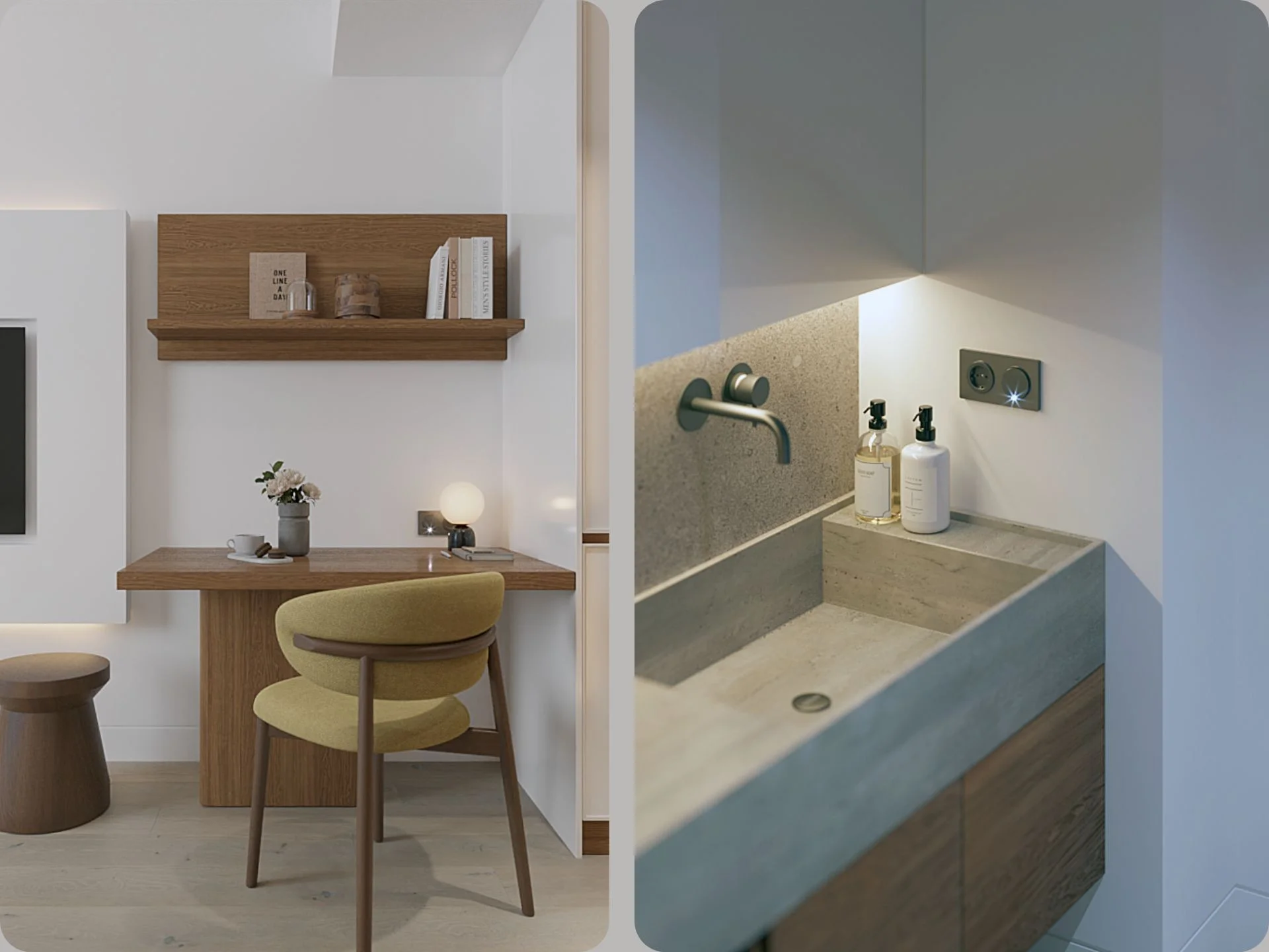 Work desk nook and concrete washbasin in a studio at Layan Green Park Phase 2, Layan, Thailand