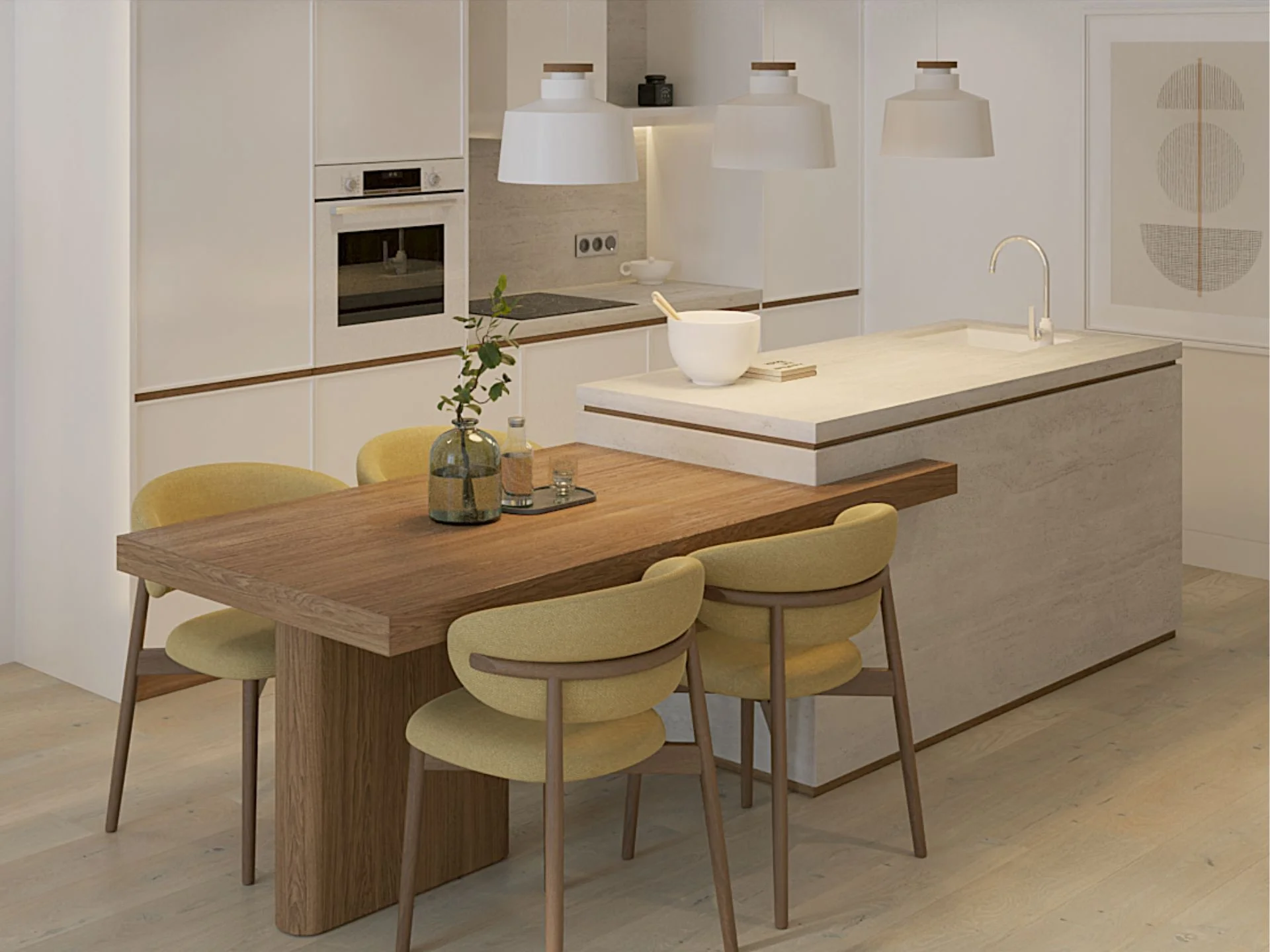 Offene Küche mit Kücheninsel und Esstisch in einer 1-Schlafzimmer-Wohnung im Layan Green Park Phase 1, Layan, Thailand