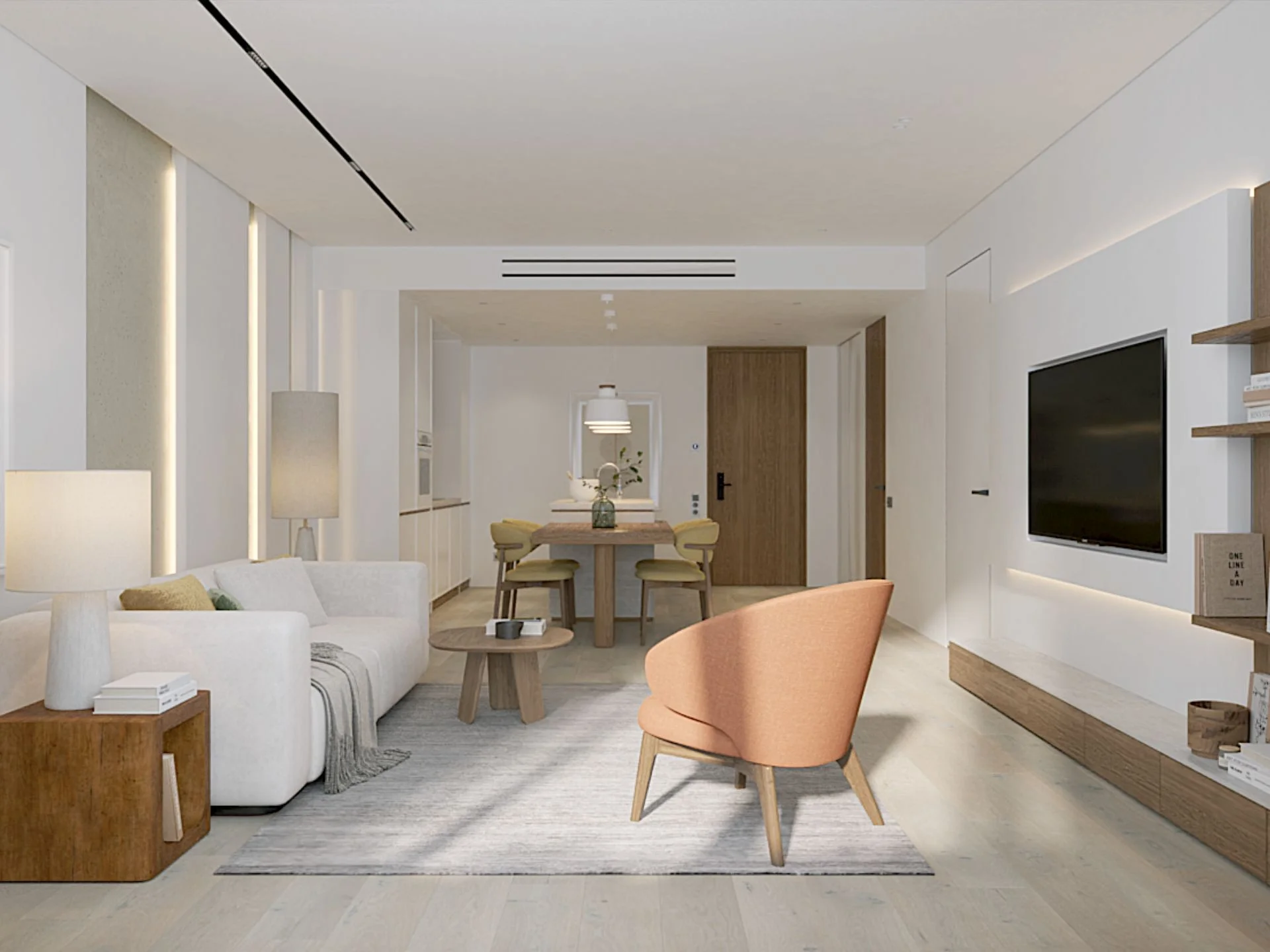 Wohnzimmer mit weißem Sofa und Essbereich in einer 1-Schlafzimmer-Wohnung im Layan Green Park Phase 1, Layan, Thailand