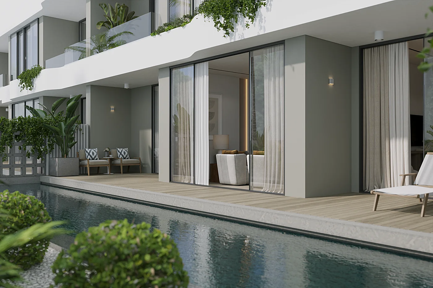 Poolterrasse und Eingang zur Erdgeschosswohnung im Layan Green Park Phase 2, Layan, Thailand