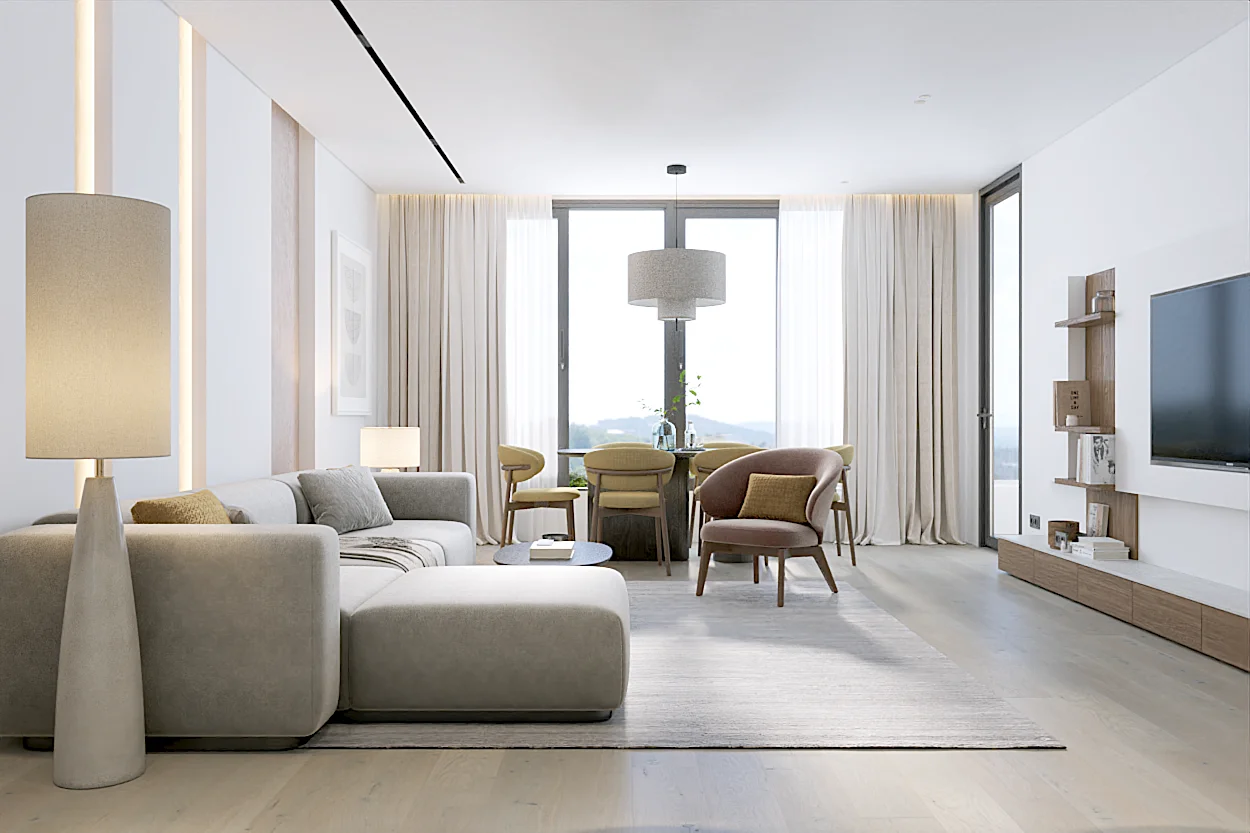 Wohnzimmer einer 3-Schlafzimmer-Wohnung im Layan Green Park Phase 1, Layan, Thailand (1)