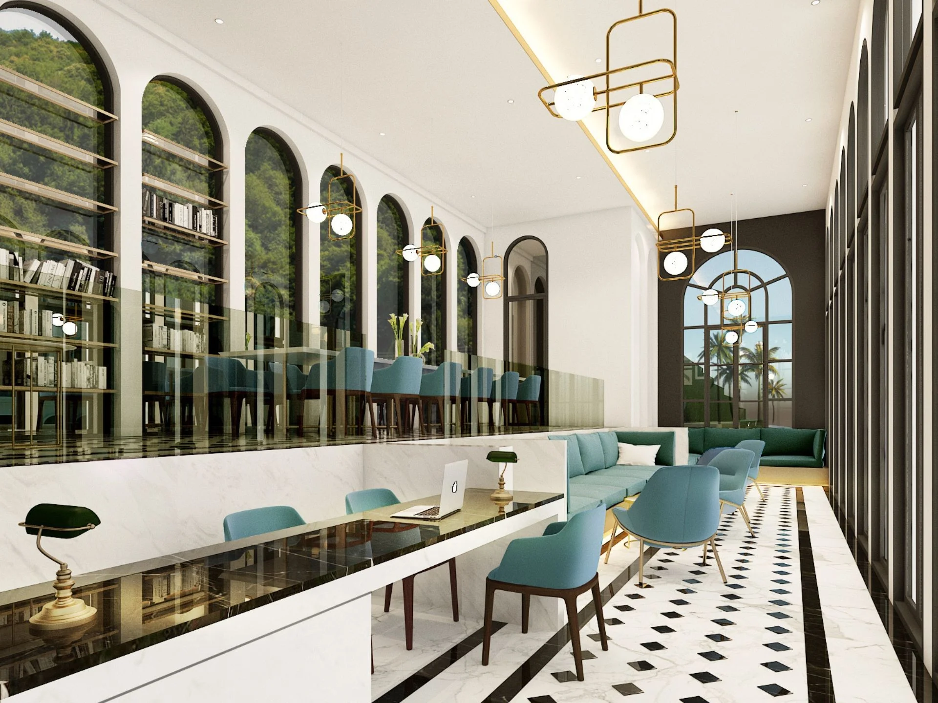 Co-working lounge with arched windows, teal seating and marble floor at Palmetto Park, Thailand
