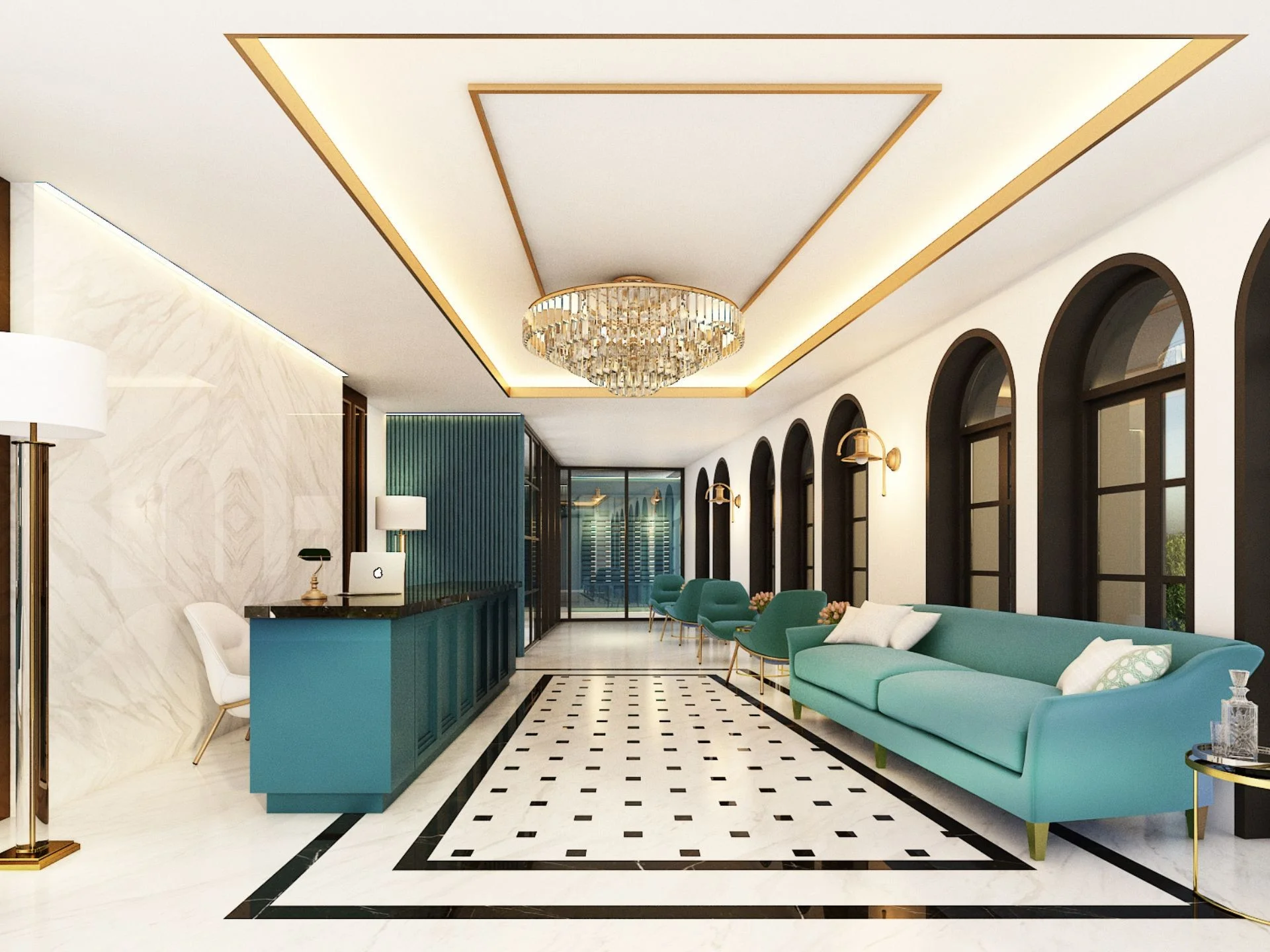 Lobby interior with reception desk and teal sofa at Palmetto Park, Thailand