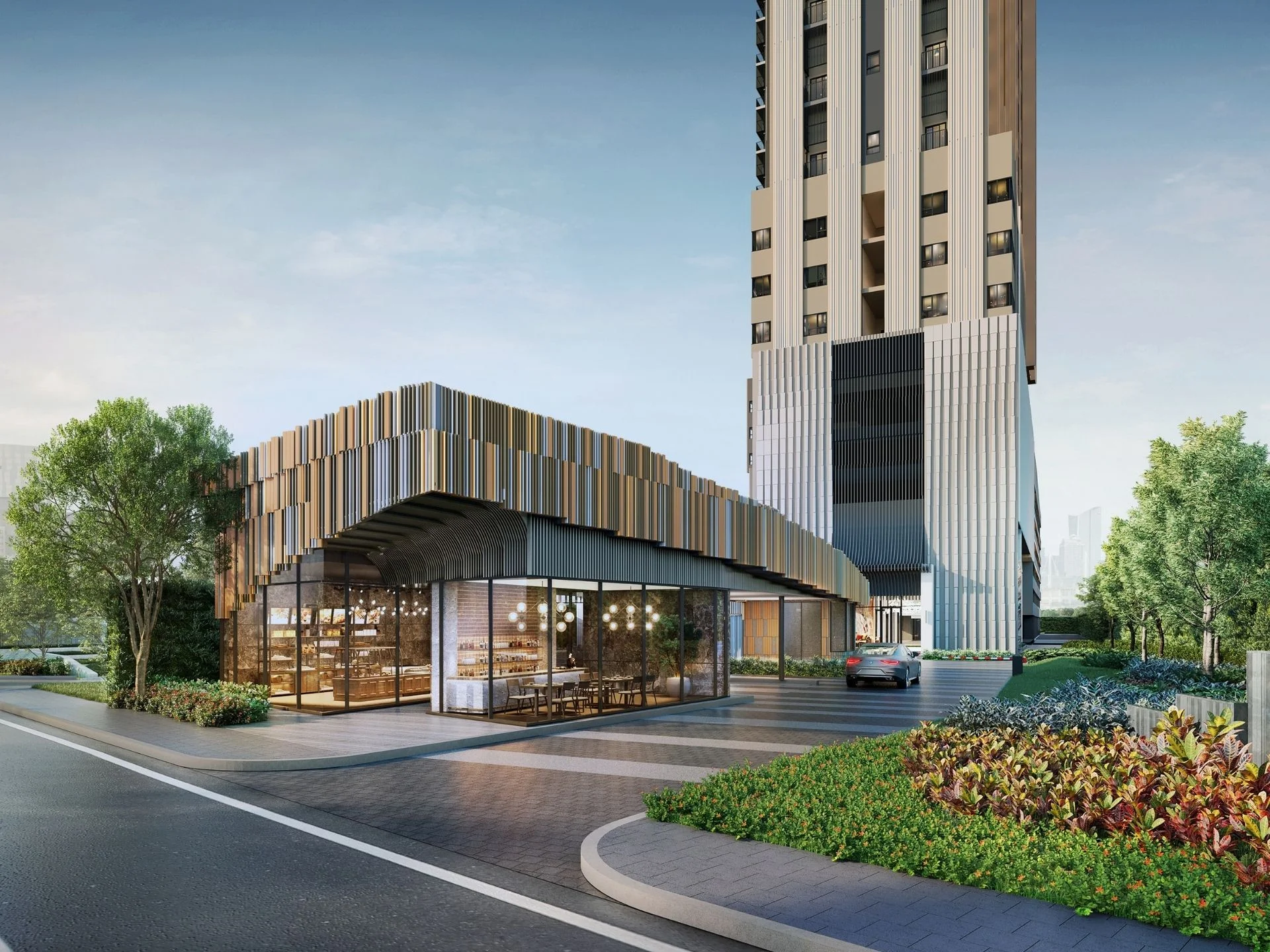 Architecture of XELF by Sansiri tower with ground-floor café and landscaped entrance, Klongtoei, Thailand
