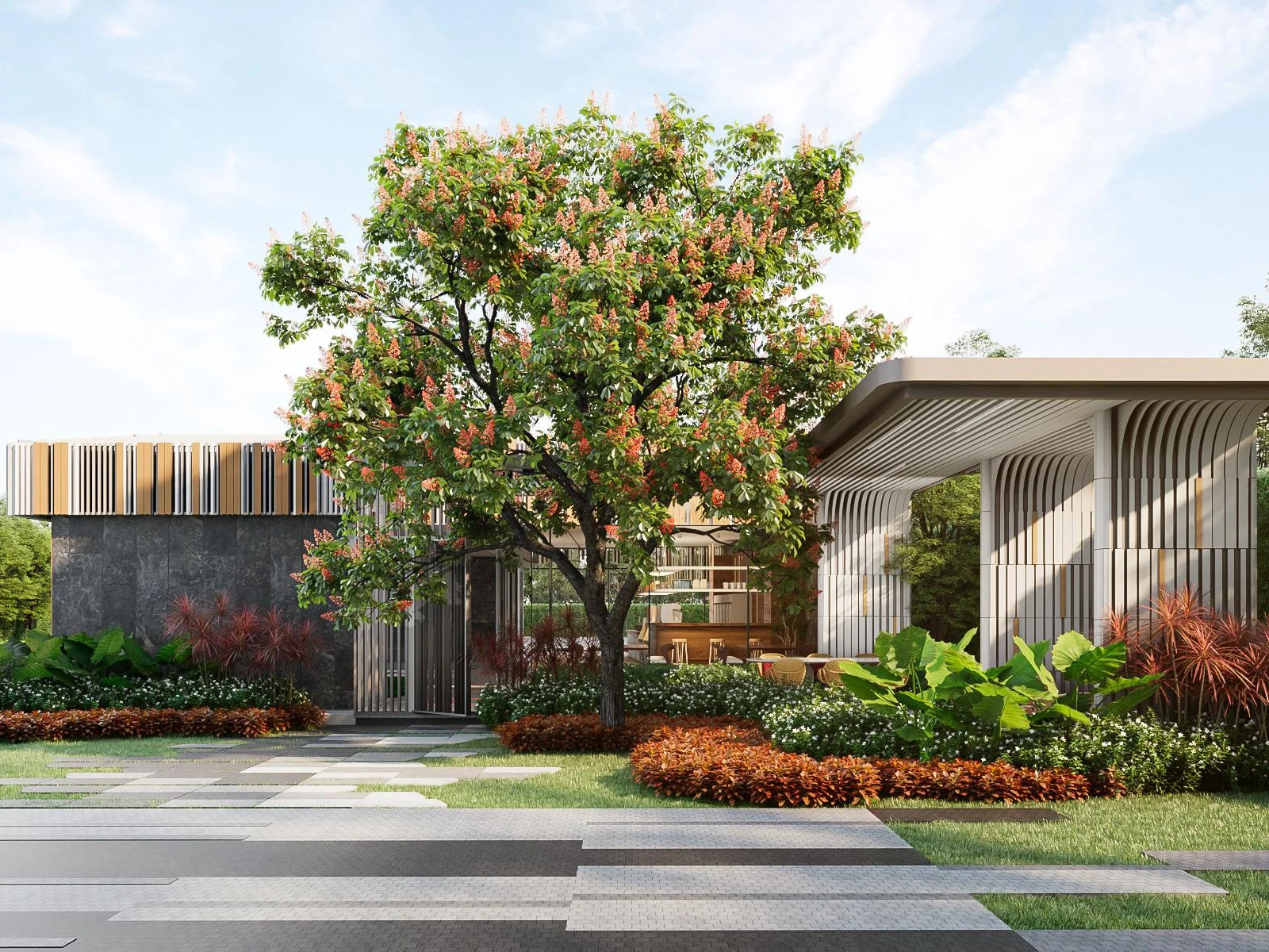 Landscaped courtyard with flowering tree and open-air lounge pavilion at XELF by Sansiri, Khlong Tan, Thailand