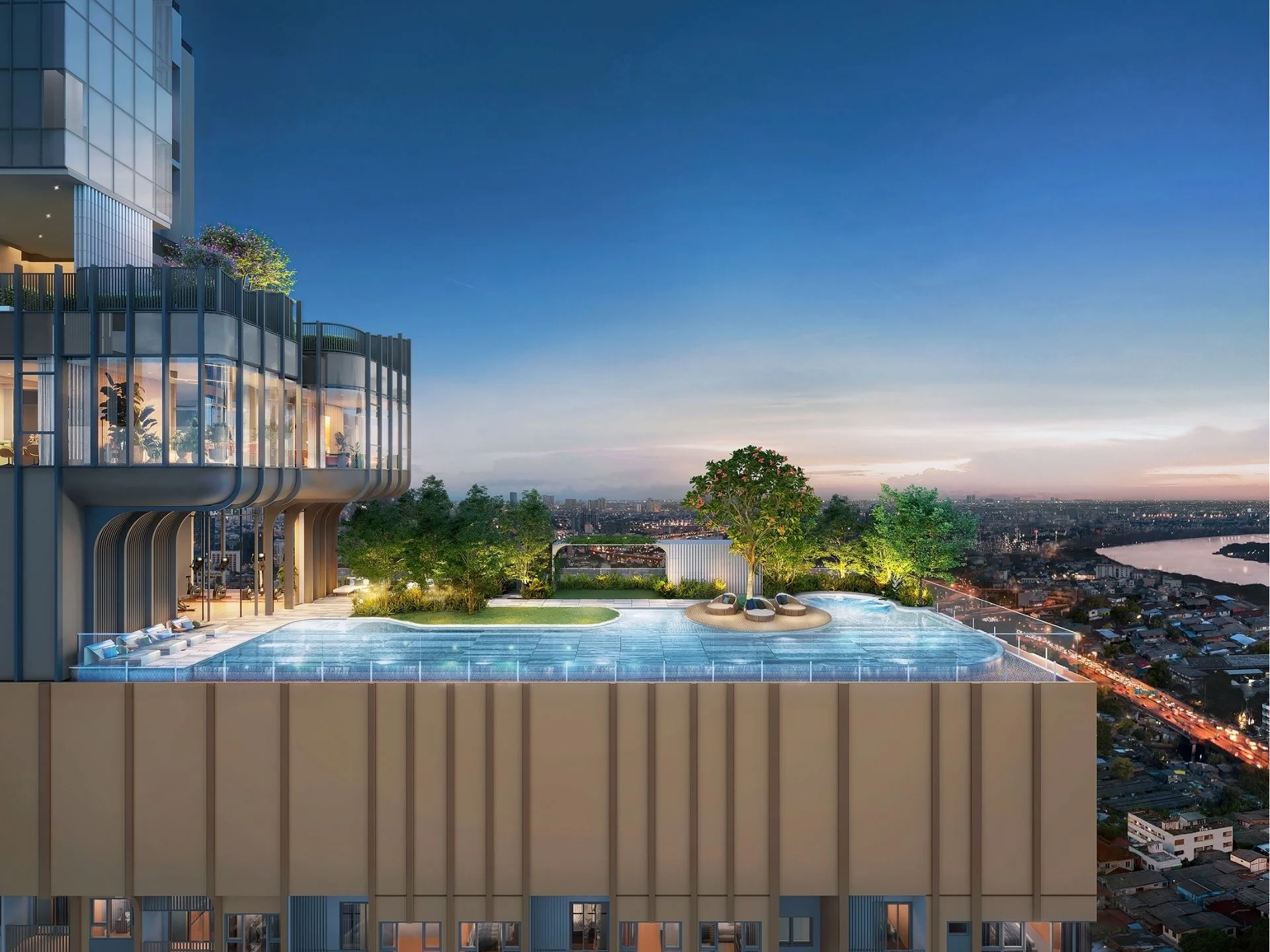 Rooftop swimming pool with lounge chairs and landscaped garden at XELF by Sansiri, Khlong Tan, Thailand