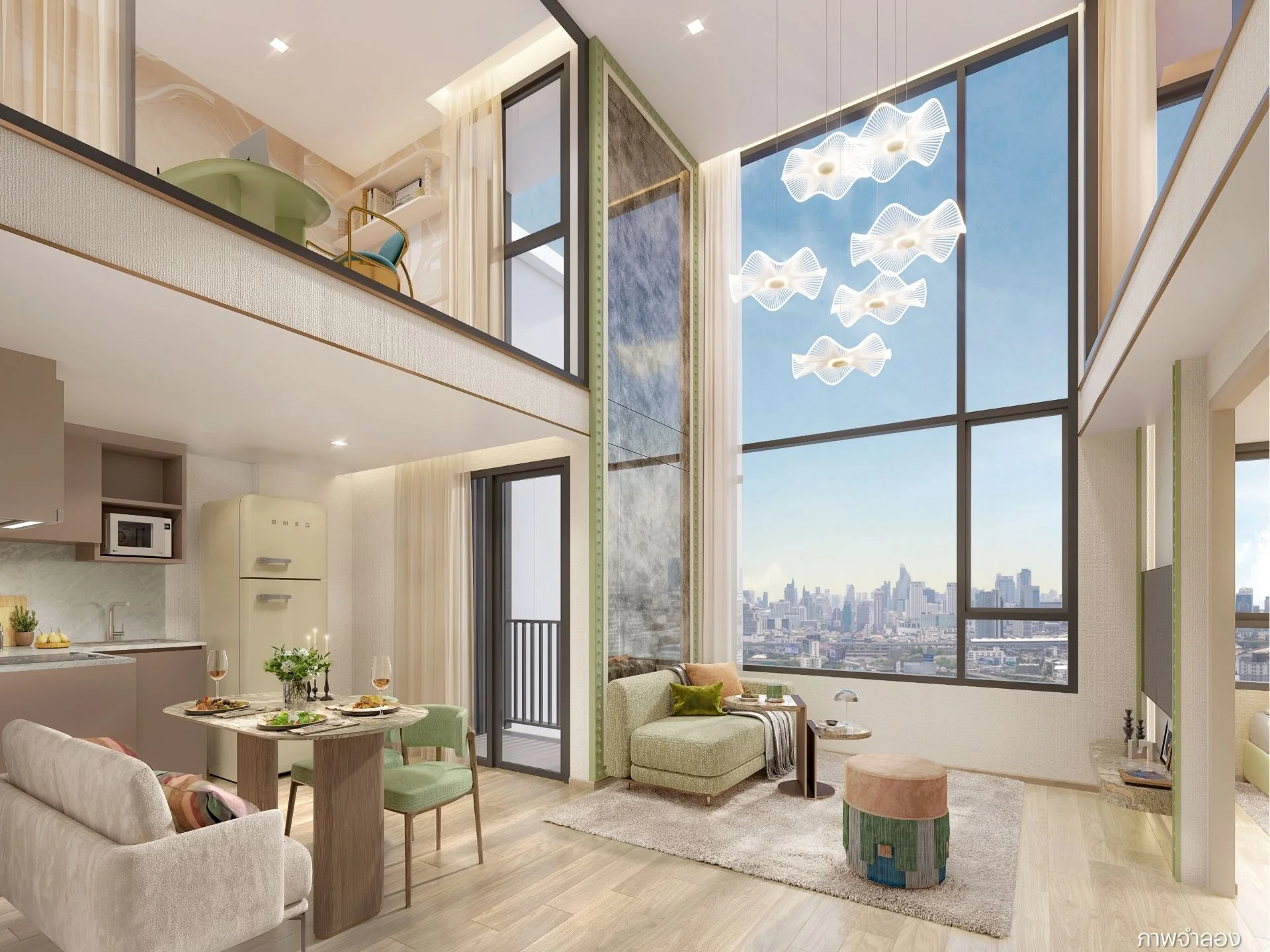 Double-height living room interior in a 1-bedroom loft at XELF by Sansiri, Khlong Toei, Thailand