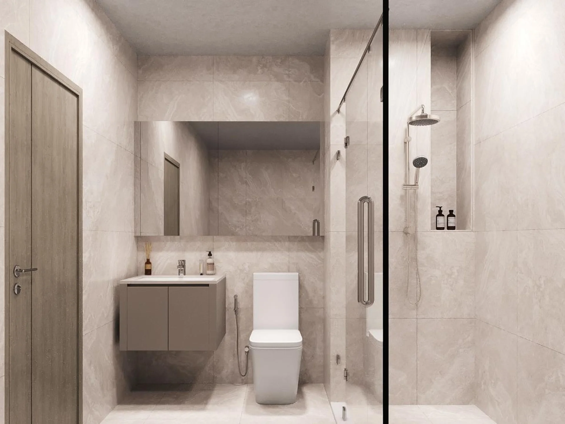 Interno del bagno con doccia walk-in e mobile lavabo sospeso in un appartamento con 1 camera da letto al WIDEN, Sathorn, T...