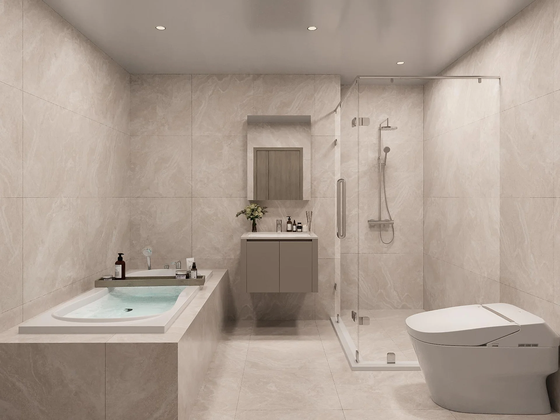 Bathroom with bathtub and glass shower in a 2-bedroom apartment at WIDEN by Sansiri, Sathorn, Thailand