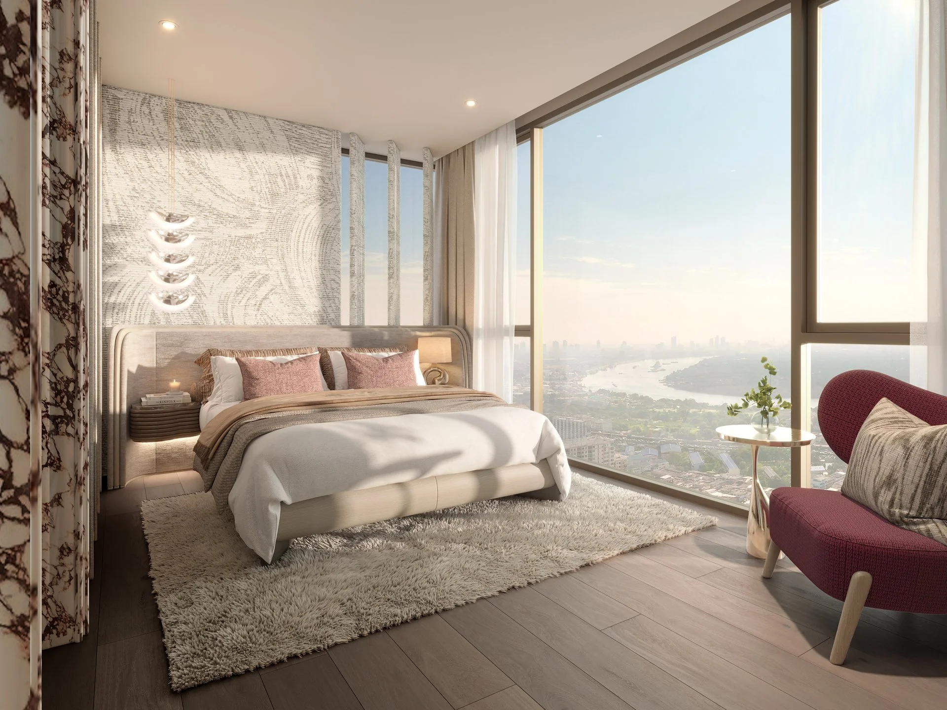 Bedroom interior in a 2-bedroom apartment at WIDEN by Sansiri, Sathorn, Thailand, with river view