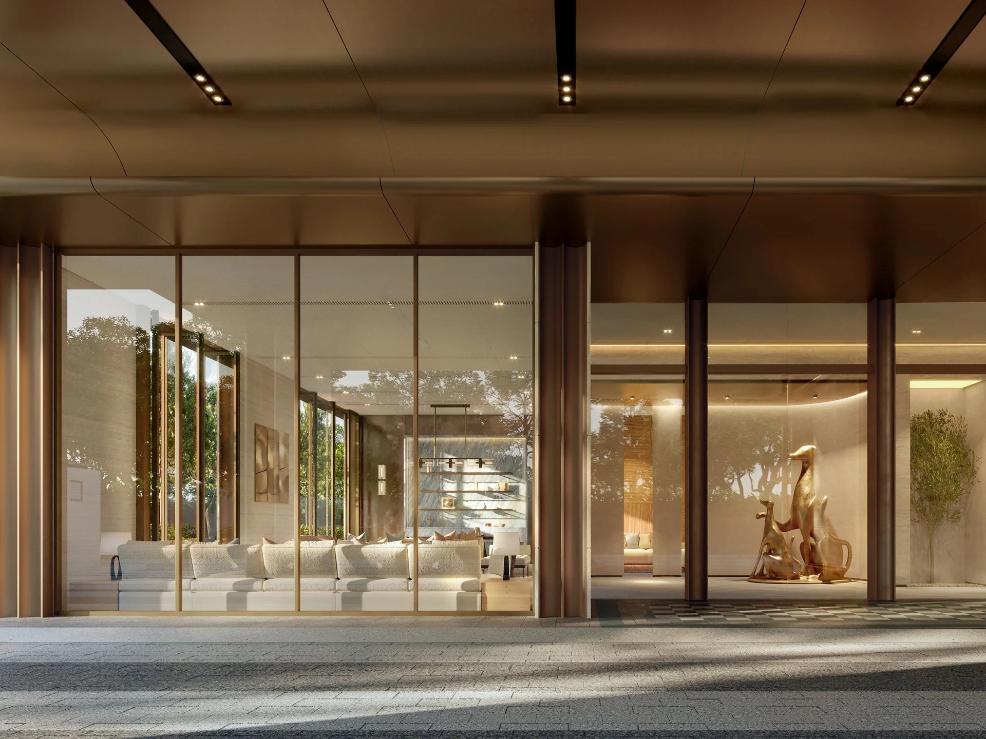 Lobby entrance with lounge seating and gold sculpture at WIDEN by Sansiri, Sathorn, Thailand