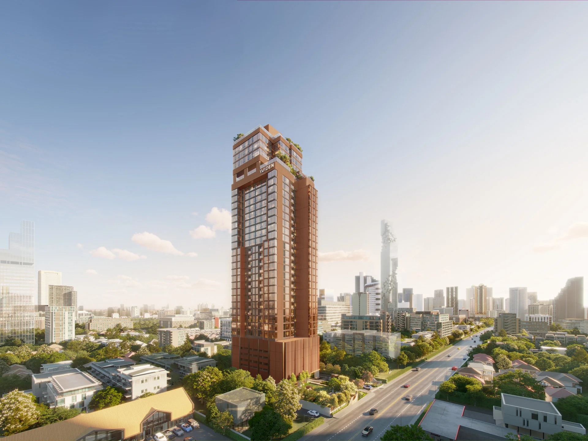 WIDEN by Sansiri residence tower exterior with city skyline, Sathorn, Thailand