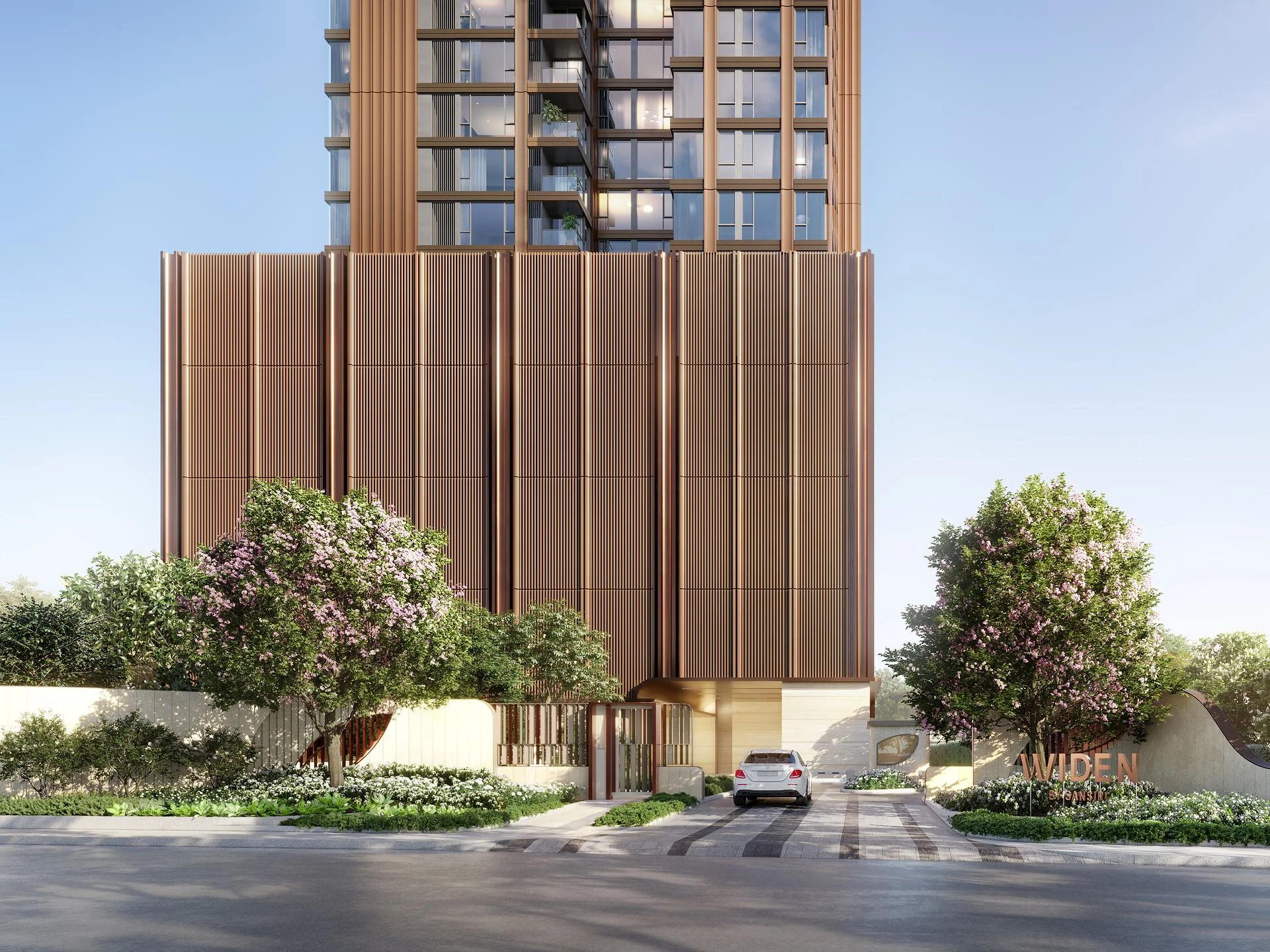 Architecture of WIDEN by Sansiri residence with driveway and landscaping, Sathorn, Thailand