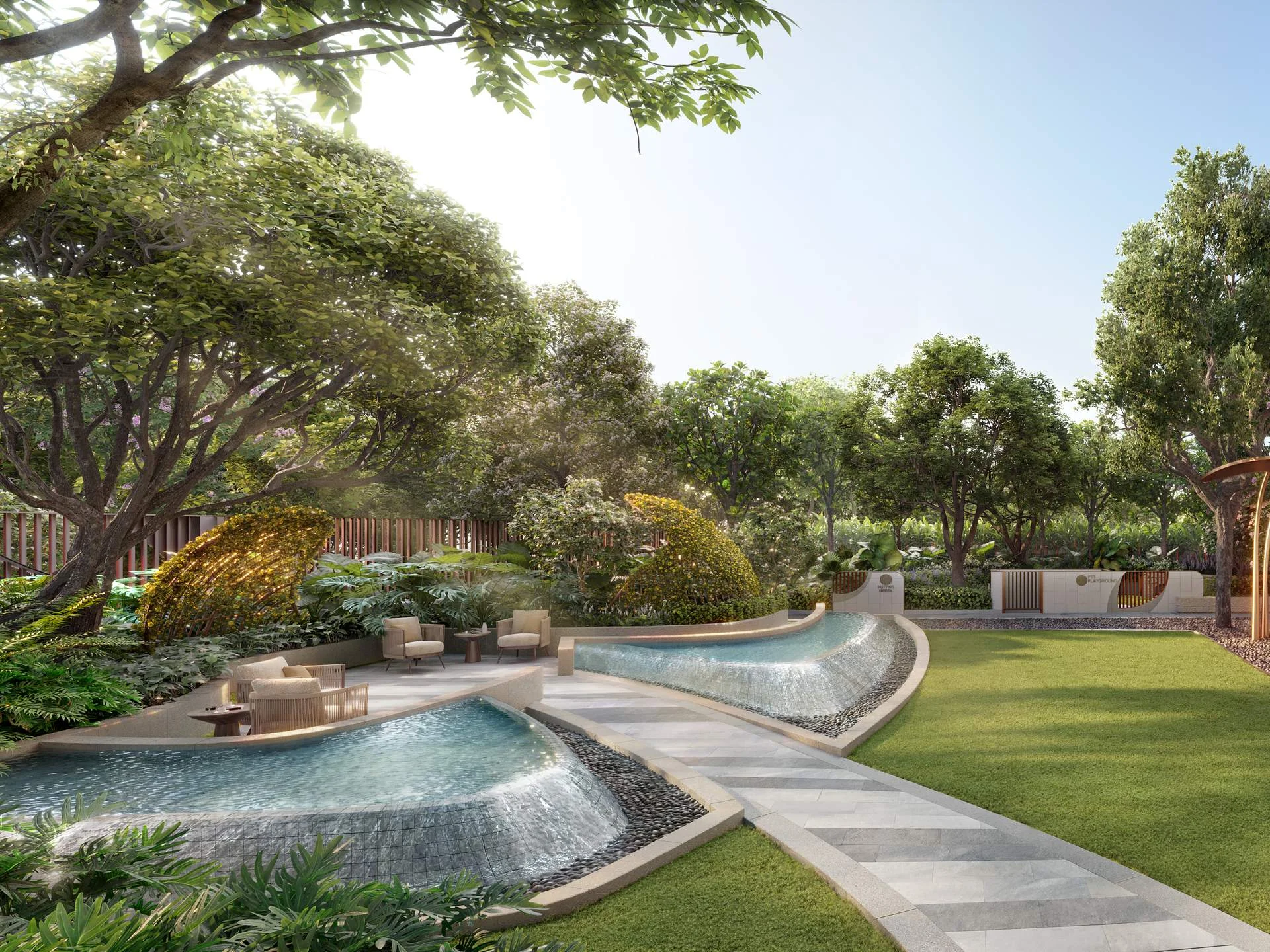 Landscaped courtyard with water channels and lounge seating at WIDEN, Thailand