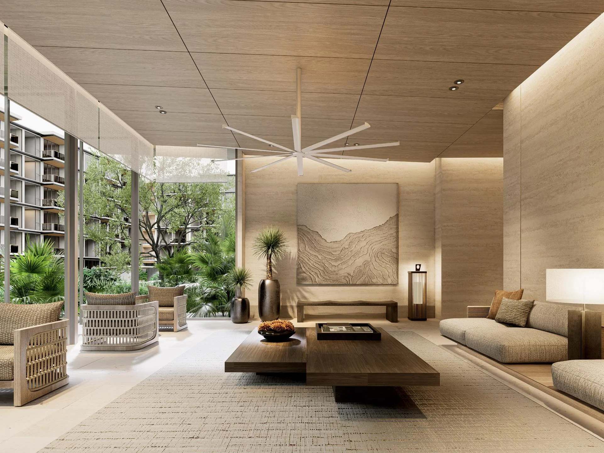 Lobby lounge with rattan armchairs, wood ceiling and garden view at Purita, Bang Tao, Thailand