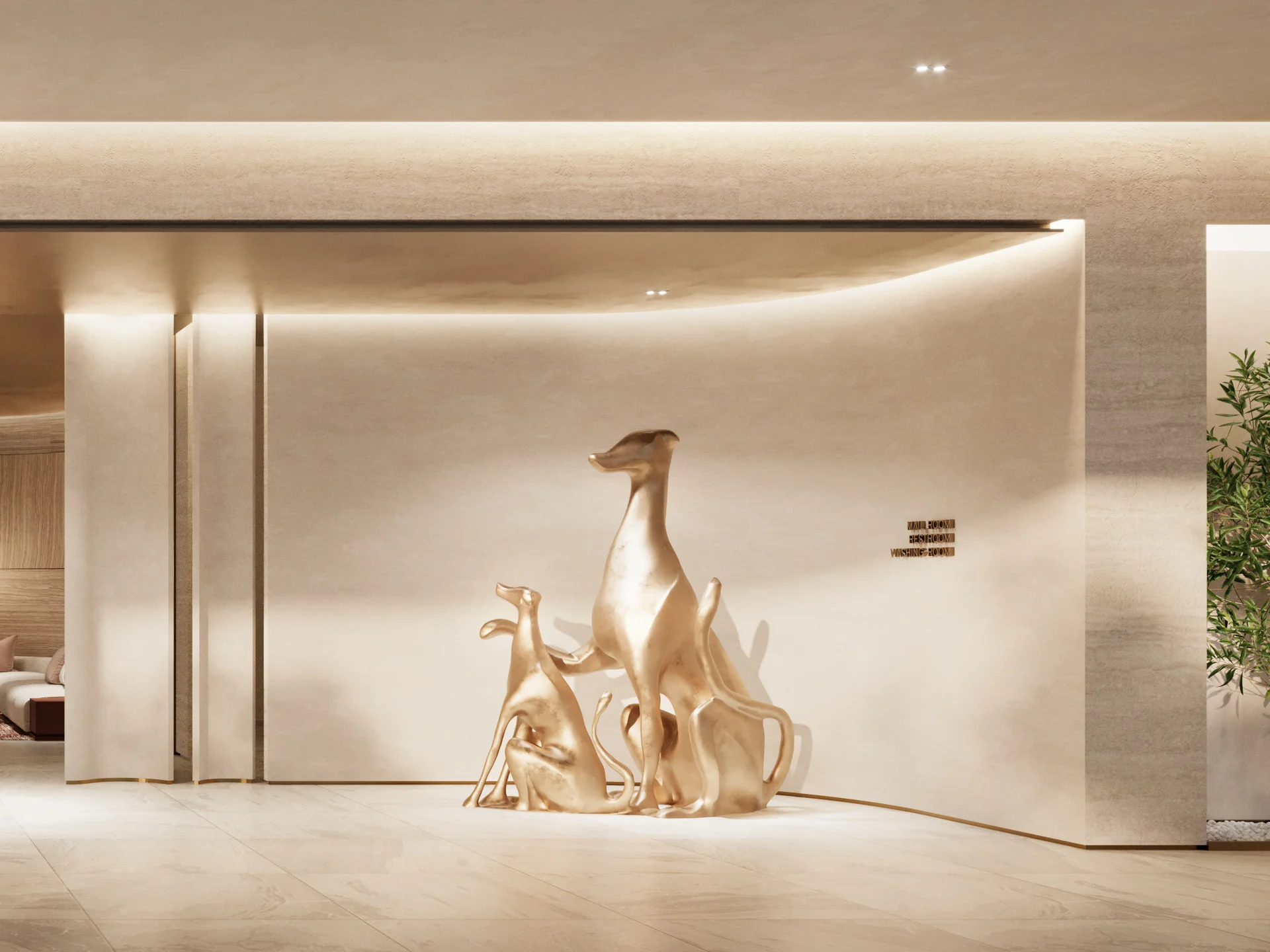 Lobby with gold greyhound sculpture and wayfinding signs at WIDEN residence, Thailand