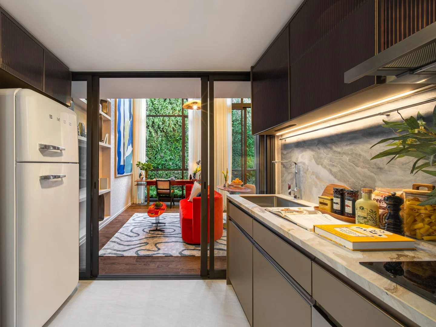 Enclosed kitchen with a door