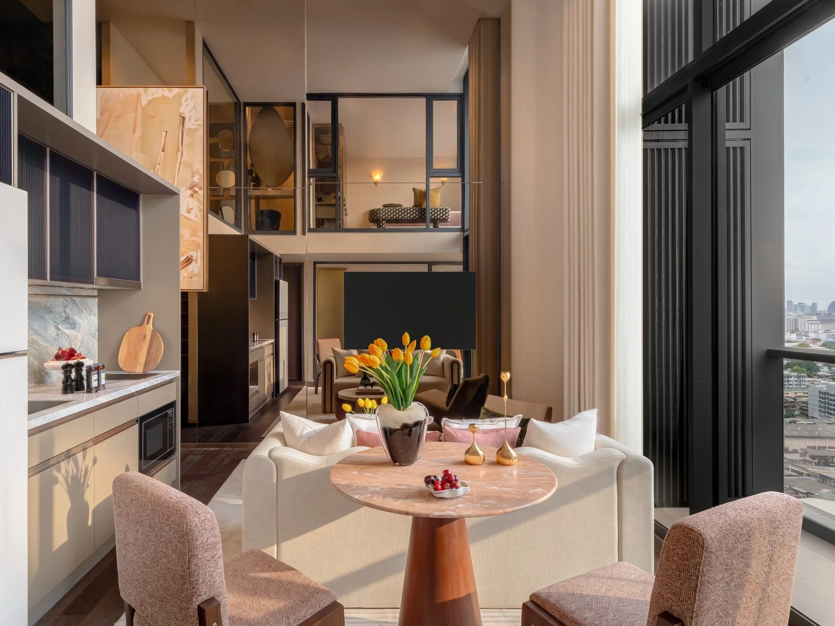 Living and dining area interior in a 2-bedroom loft at SHUSH Ratchathewi, Ratchathewi, Thailand