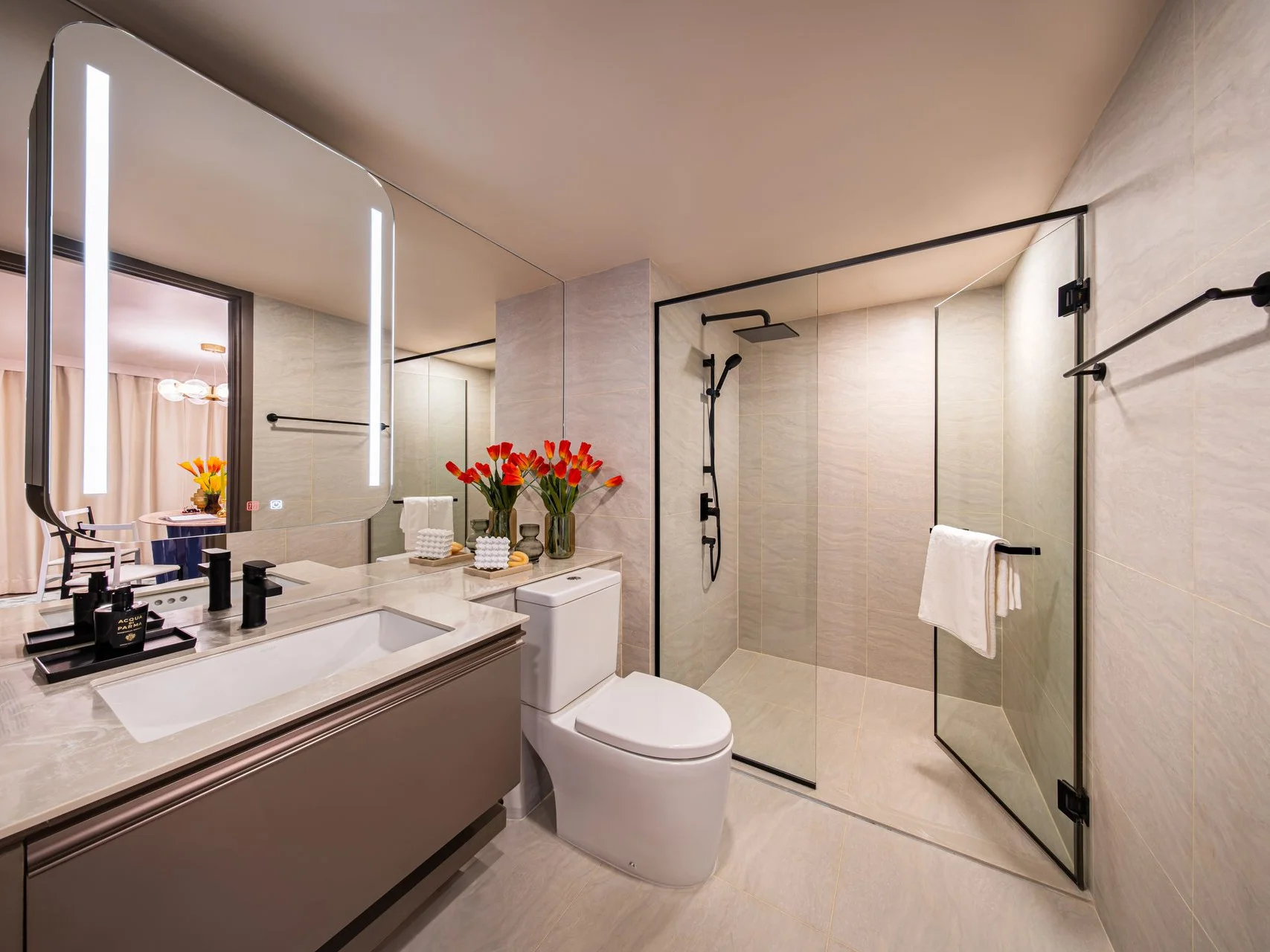 Bathroom interior with glass-enclosed shower in 2-bedroom apartment at SHUSH Ratchathewi, Thailand