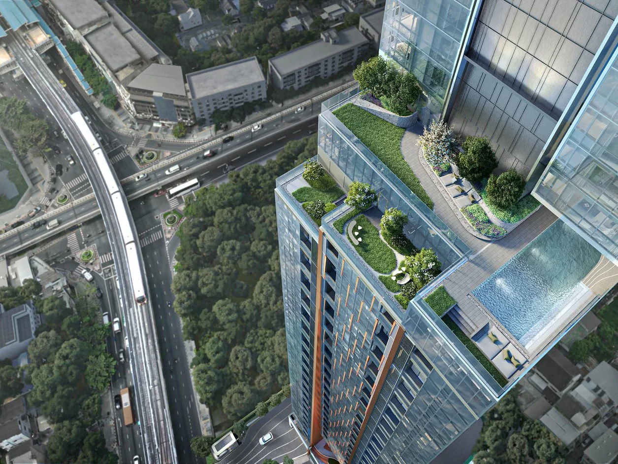 Aerial view of SHUSH Ratchathewi tower with rooftop garden and swimming pool, Ratchathewi, Thailand