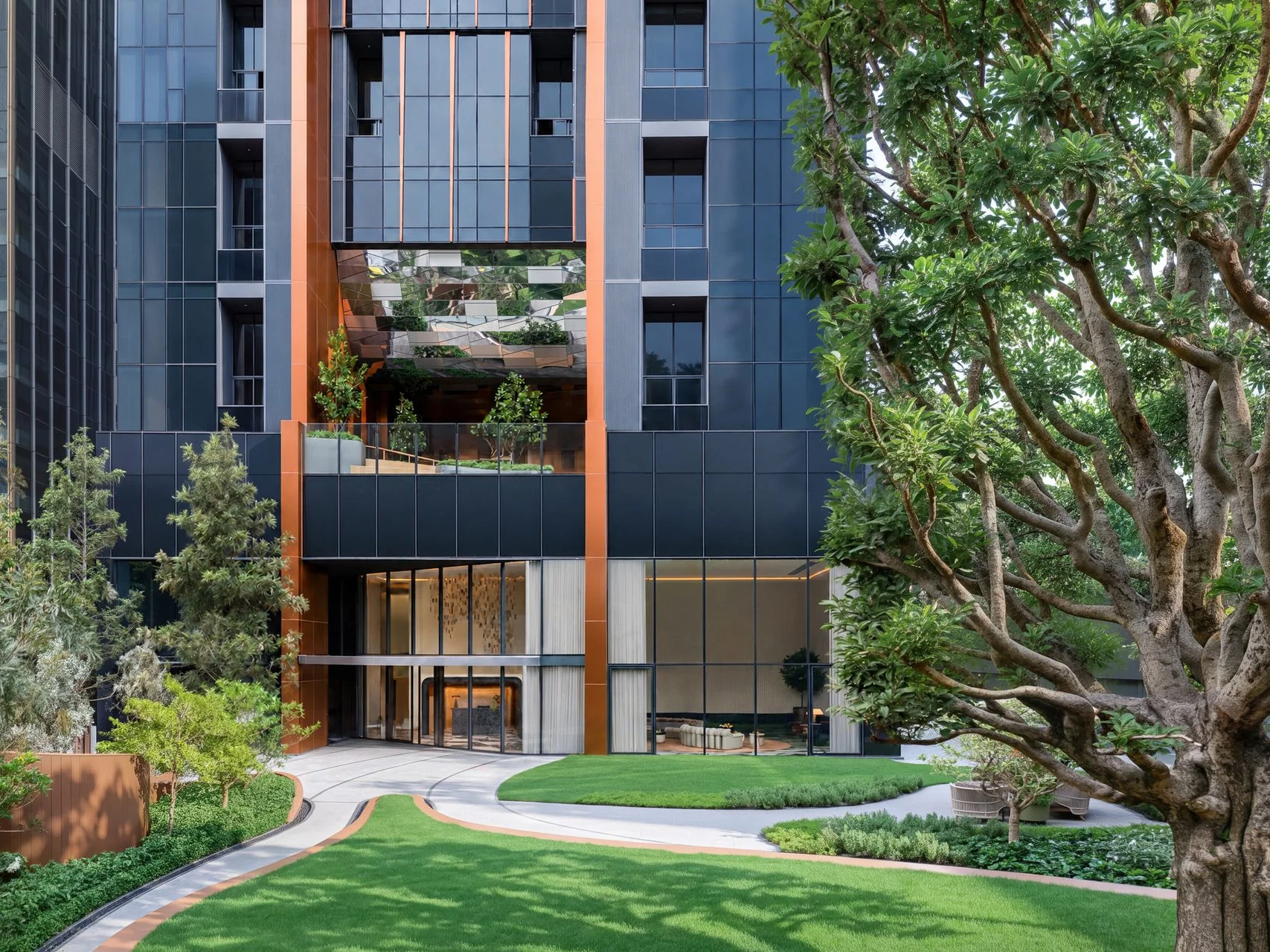 Architecture of SHUSH Ratchathewi residence with landscaped entrance garden and lobby, Ratchathewi, Thailand