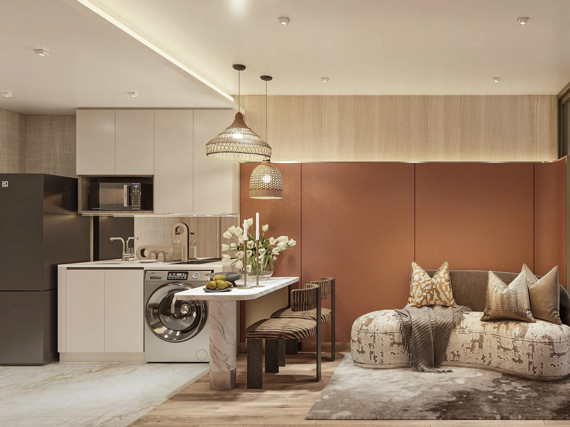 Open-plan kitchen and living area interior in a 1-bedroom apartment at The Astra Samui, Bo Phut, Thailand