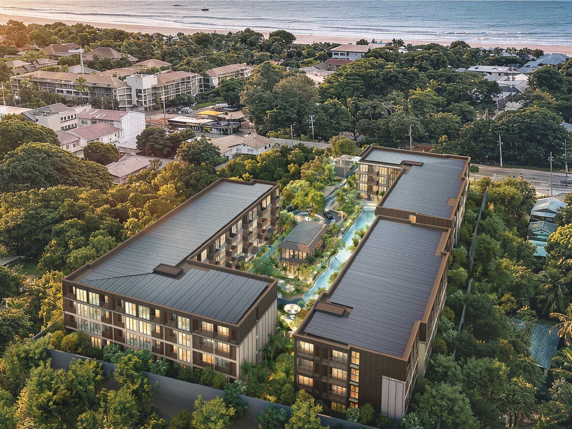 Aerial architecture view of The Astra Samui residence with courtyard pool and beachfront, Bo Phut, Thailand