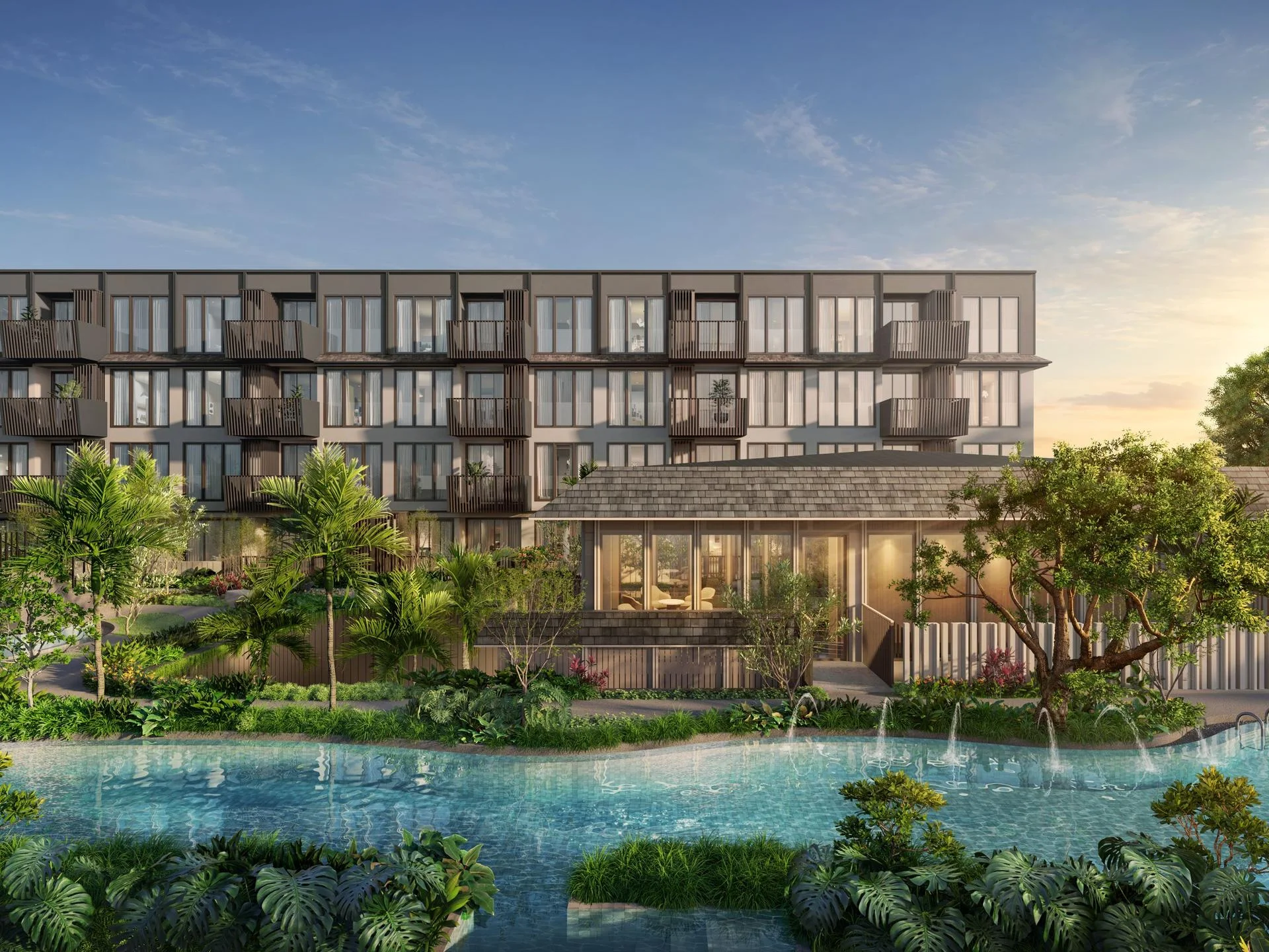 Facade of The Astra Samui residence with lagoon pool and tropical landscaping, Bo Phut, Thailand